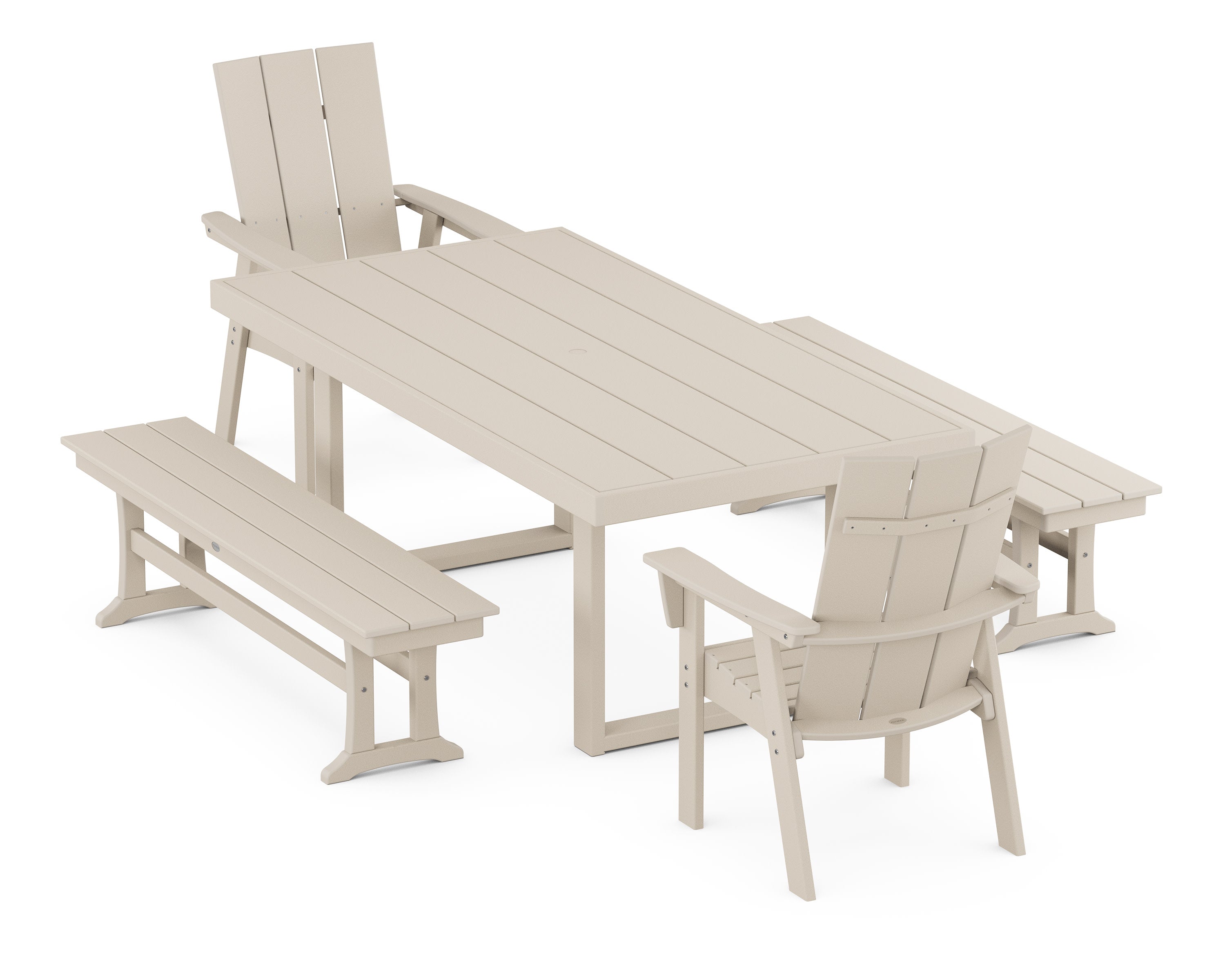 Modern Curveback Adirondack 5-Piece Dining Set with Benches in Sand