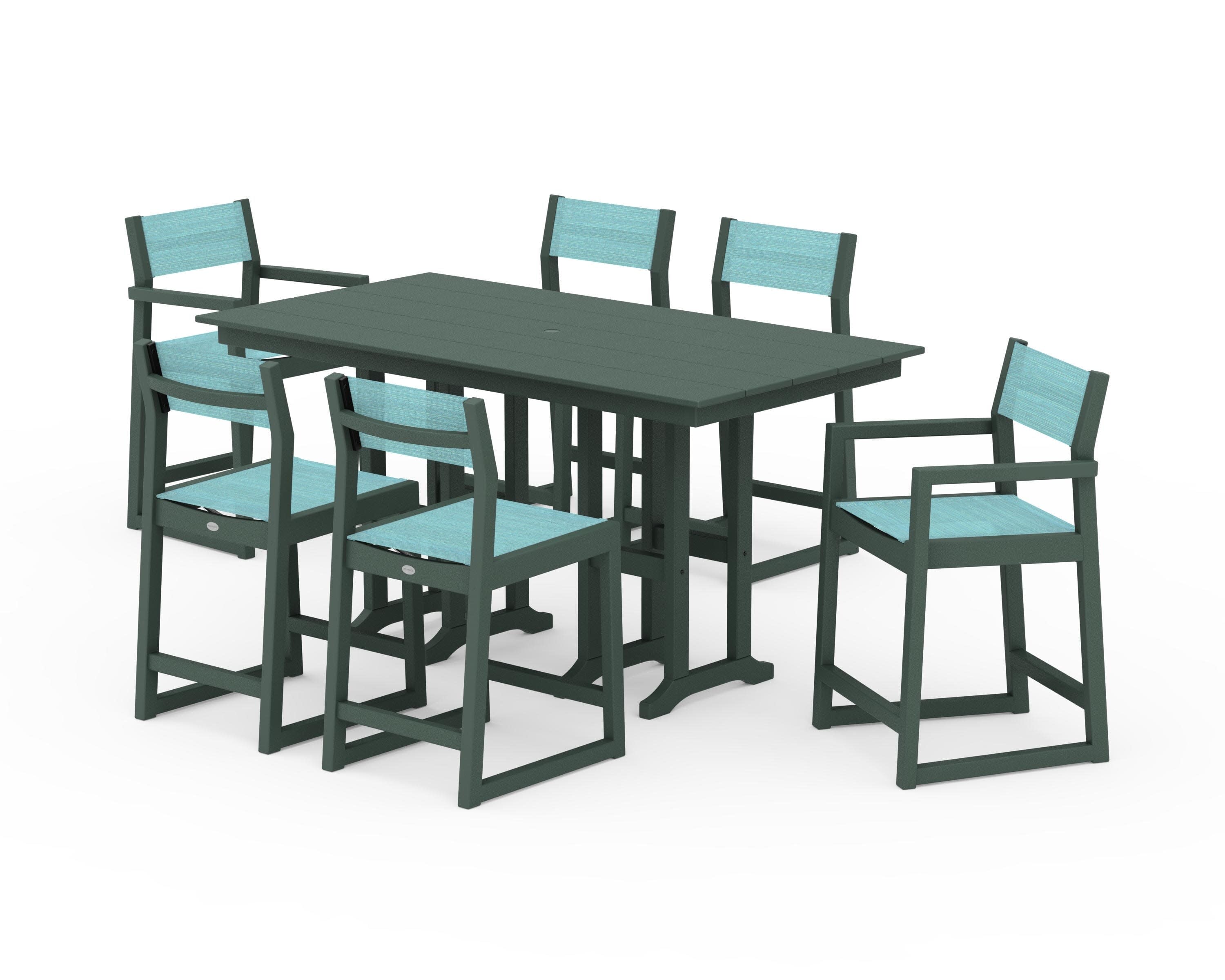 EDGE Sling 7-Piece Farmhouse Counter Set with Trestle Legs in Green / Dupioni Aquamarine Sling