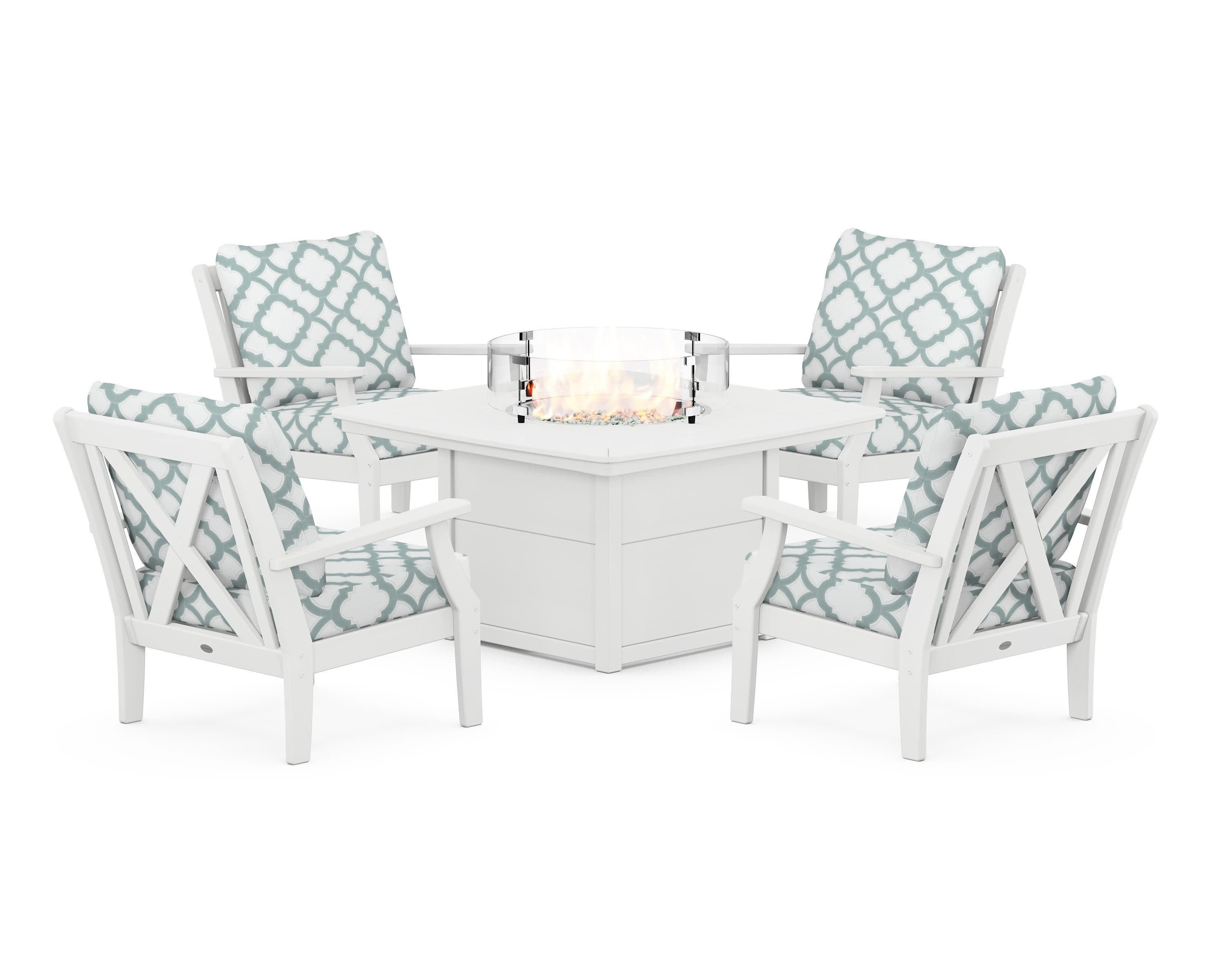 Braxton 5-Piece Deep Seating Conversation Set with Fire Pit Table in White / Trellis Glacier Spa