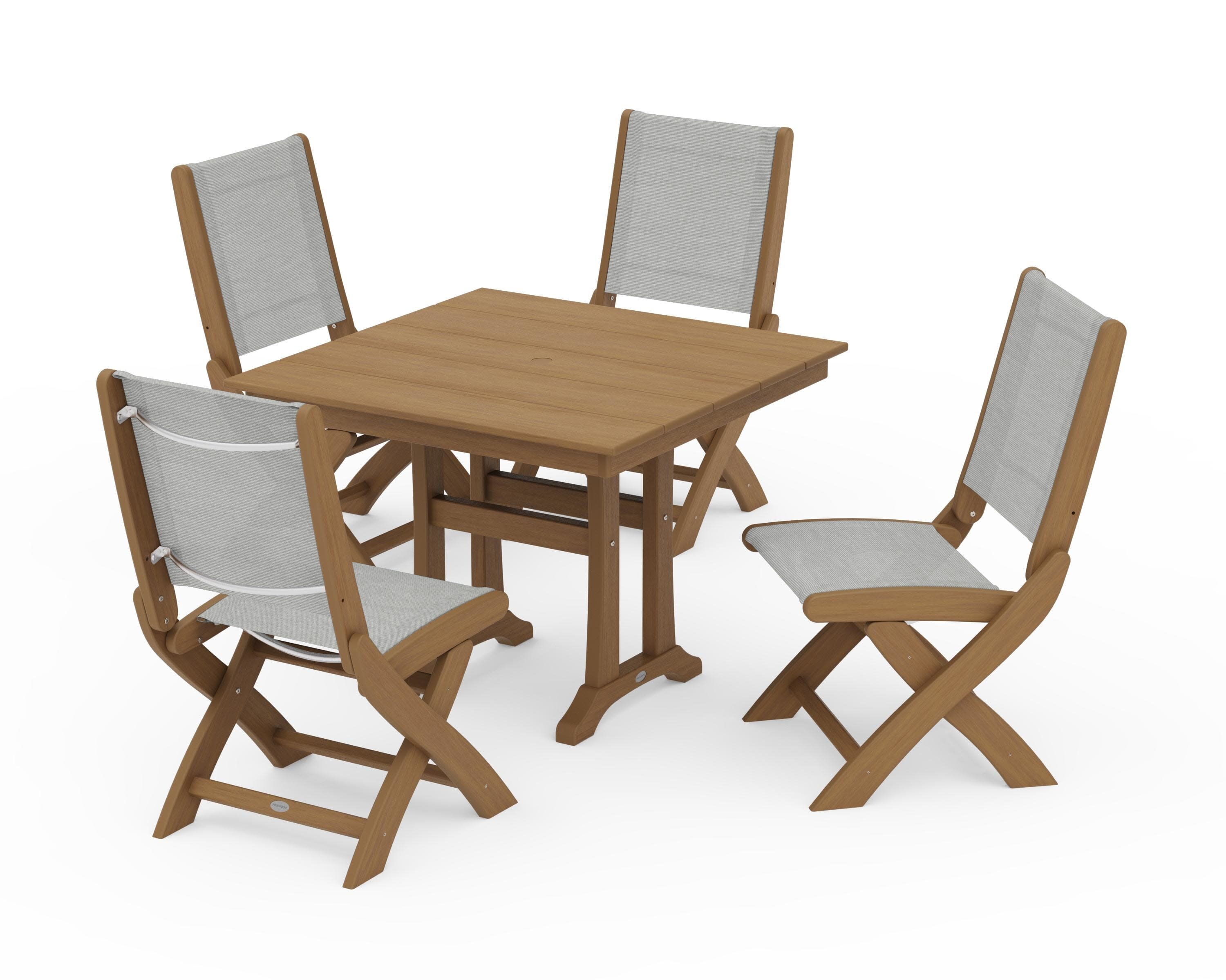 Coastal Folding Side Chair 5-Piece Farmhouse Dining Set With Trestle Legs in Natural / Metallic Sling