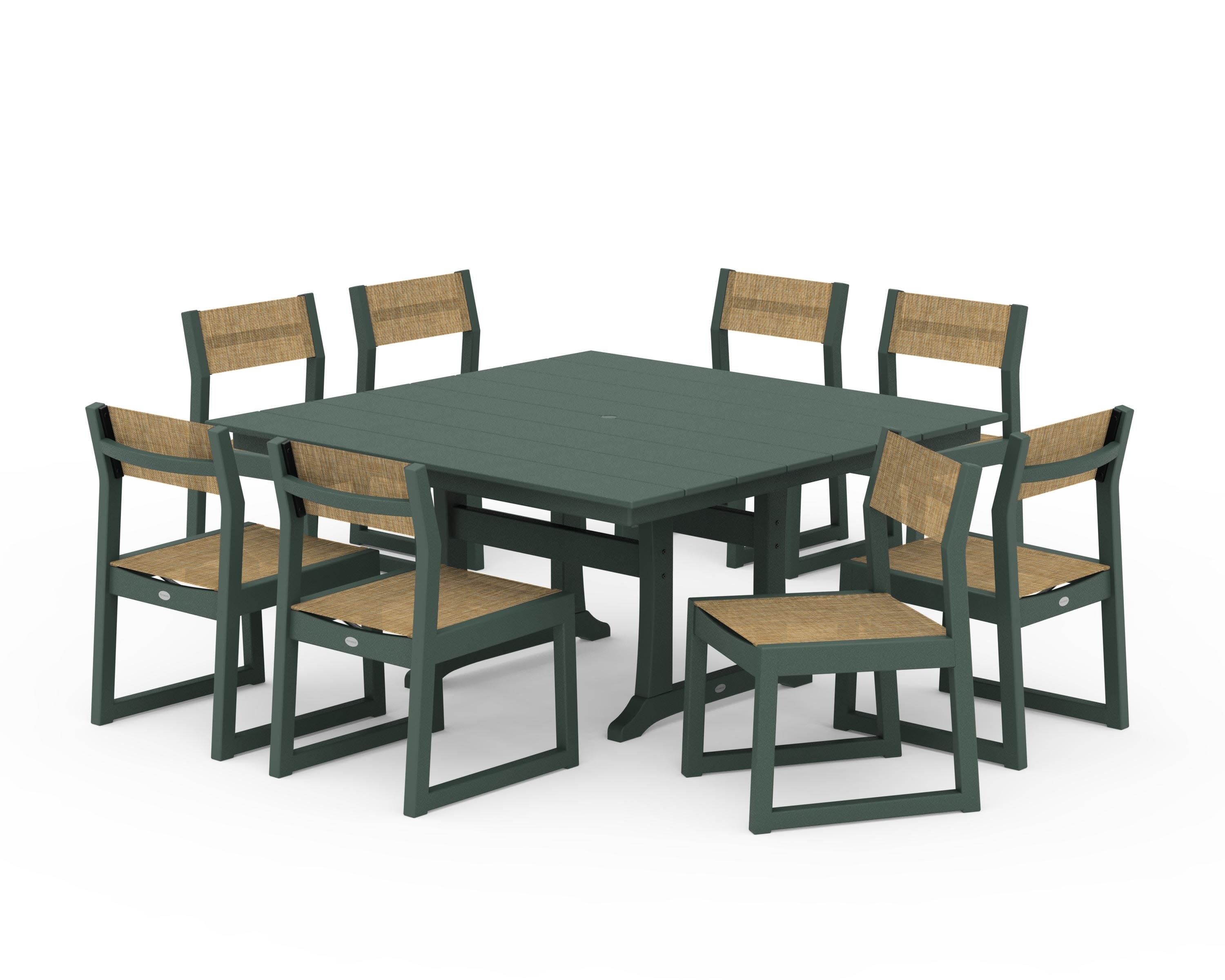 EDGE Sling Side Chair 9-Piece Farmhouse Trestle Dining Set in Green / Burlap Sling