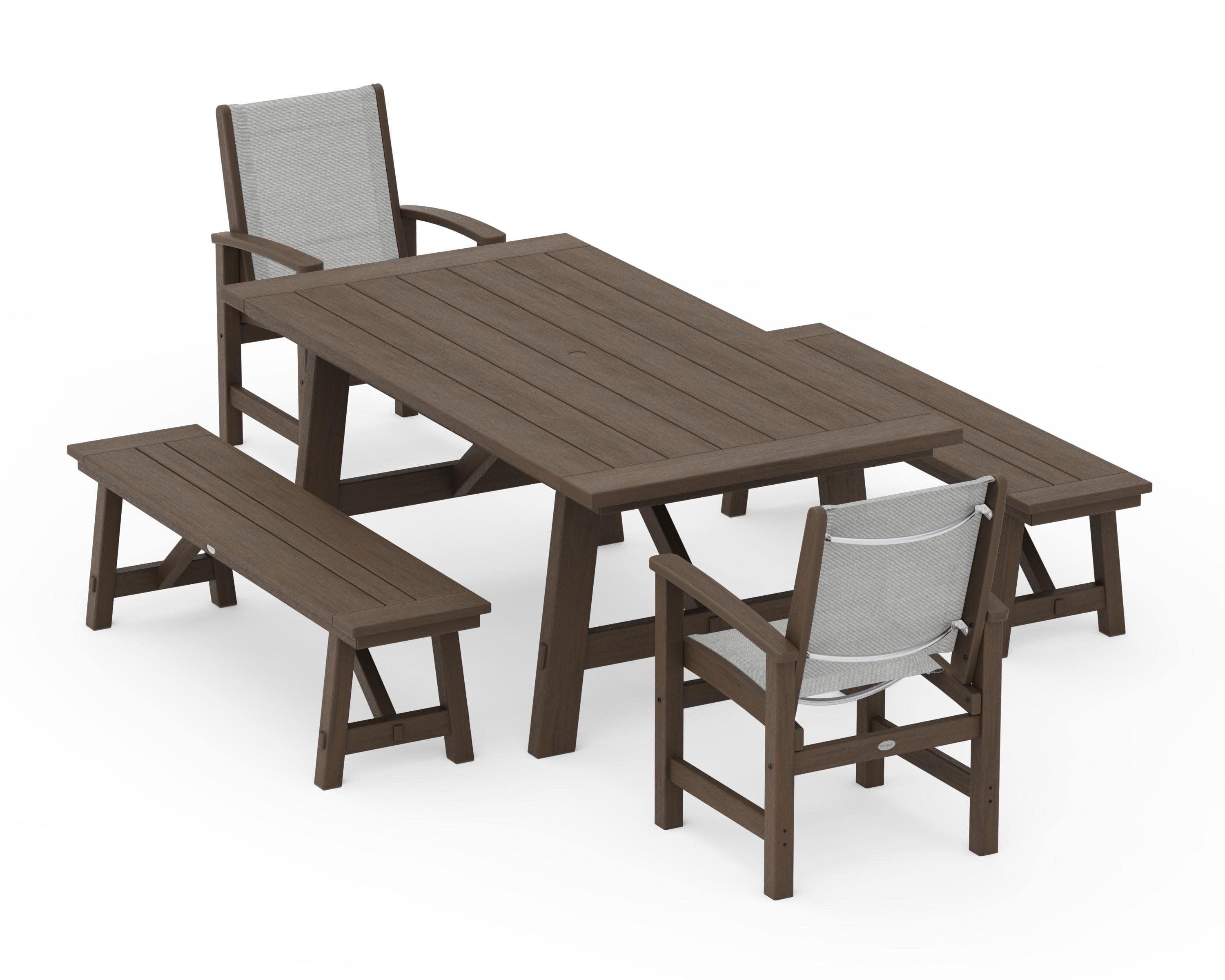 Coastal 5-Piece Rustic Farmhouse Dining Set With Benches in Kona / Metallic Sling