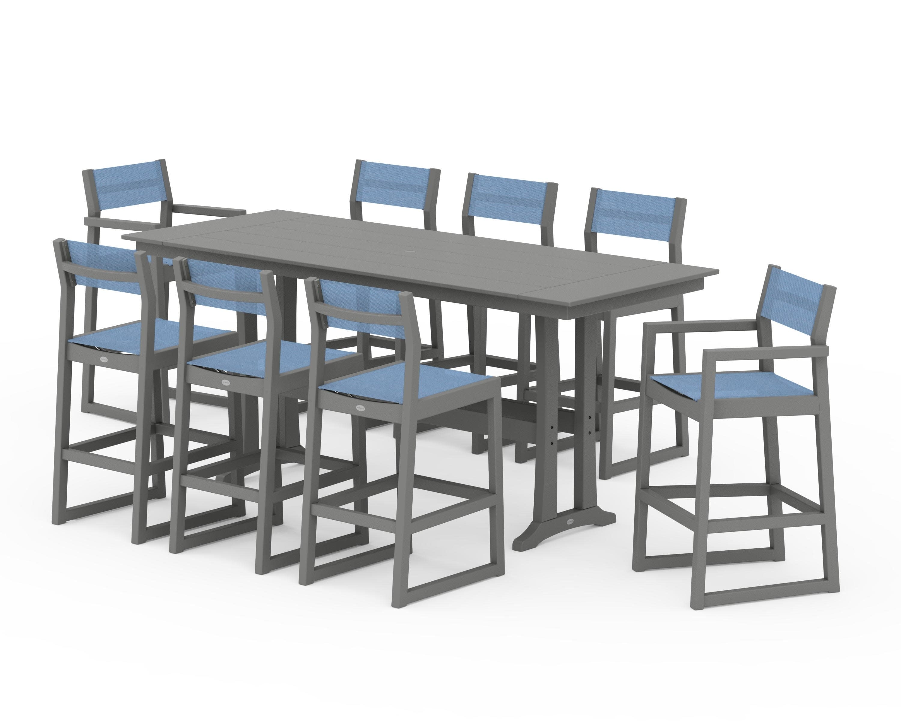 EDGE Sling 9-Piece Farmhouse Bar Set with Trestle Legs in Slate Grey / Poolside Sling