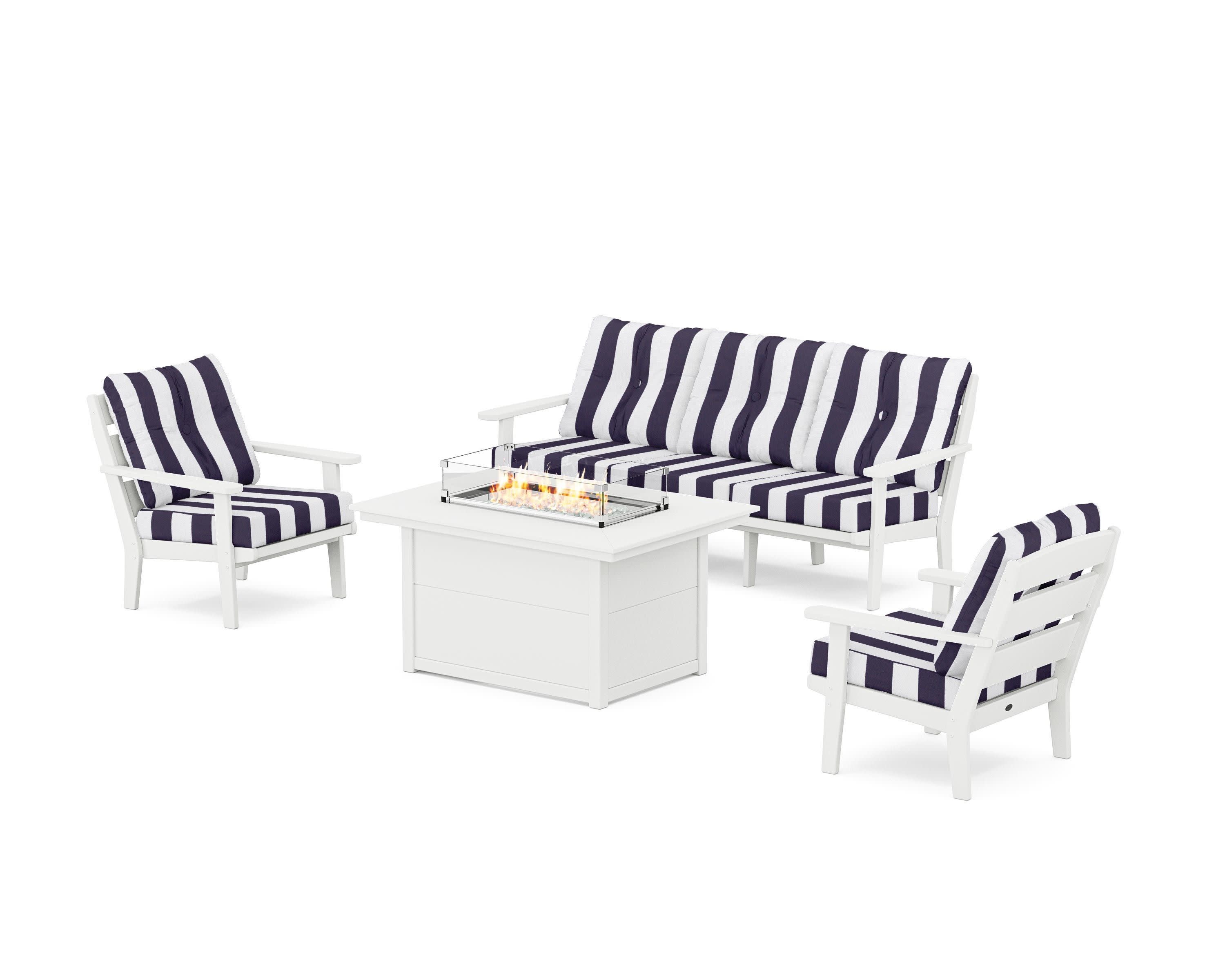 Lakeside Deep Seating Fire Pit Table Set in White / Cabana Stripe Navy