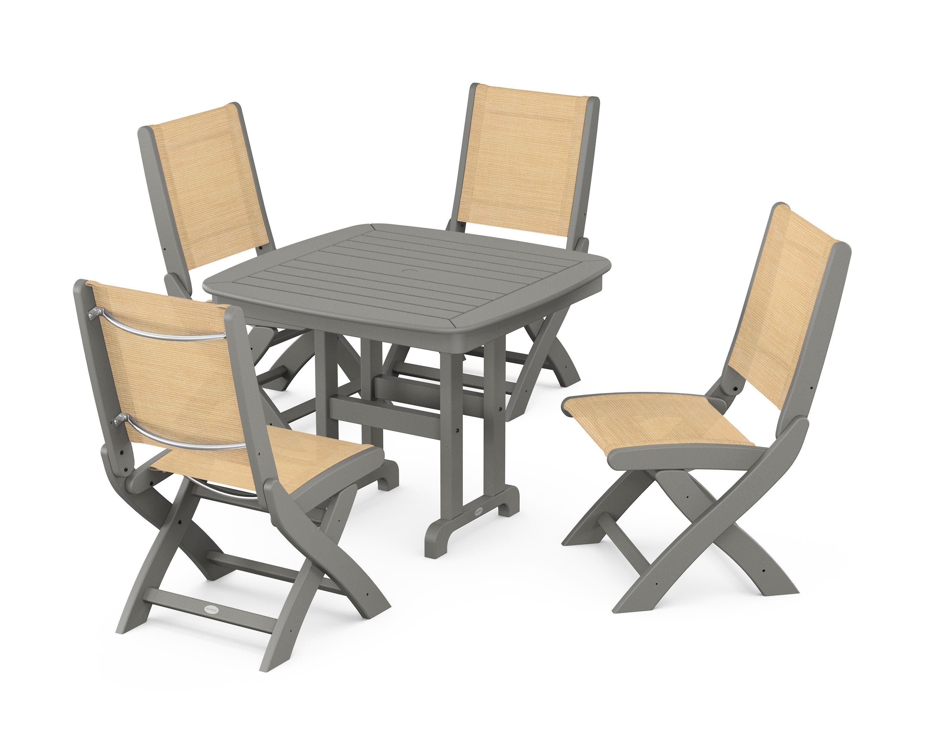 Coastal Folding Side Chair 5-Piece Dining Set in Slate Grey / Dupioni Apricot Sling
