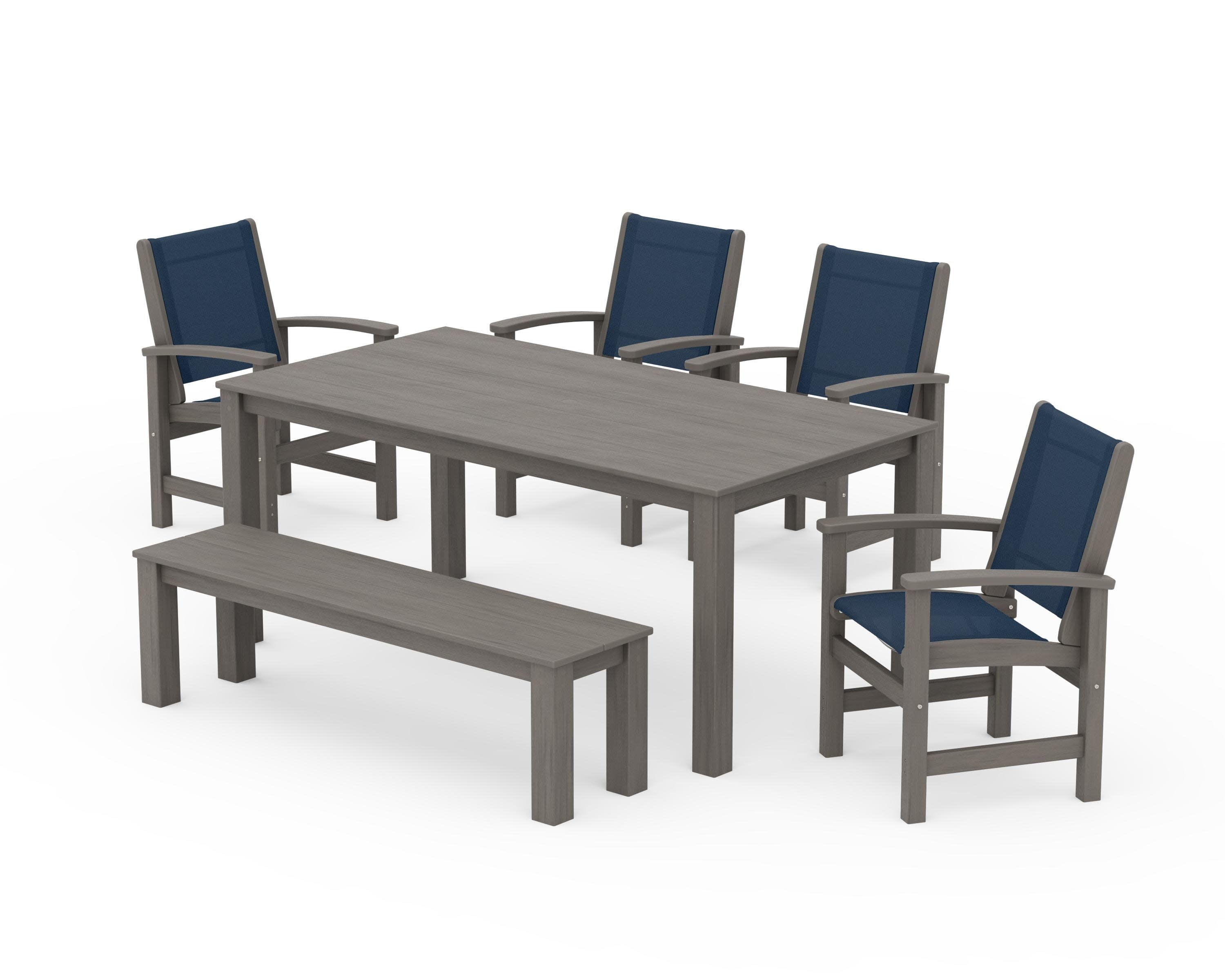 Coastal 6-Piece Parsons Dining Set with Bench in Driftwood / Navy Blue Sling