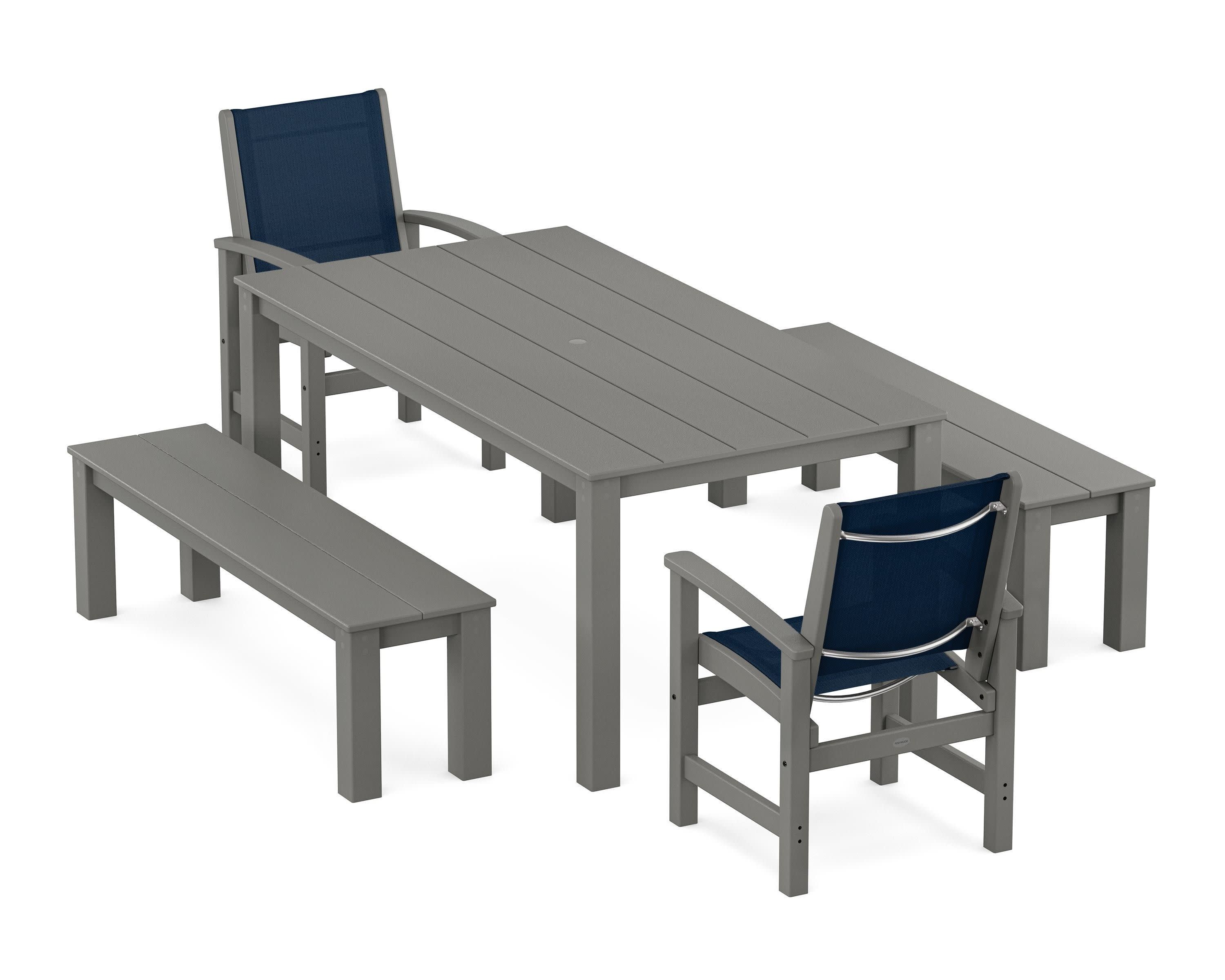Coastal 5-Piece Parsons Dining Set with Benches in Slate Grey / Navy Blue Sling