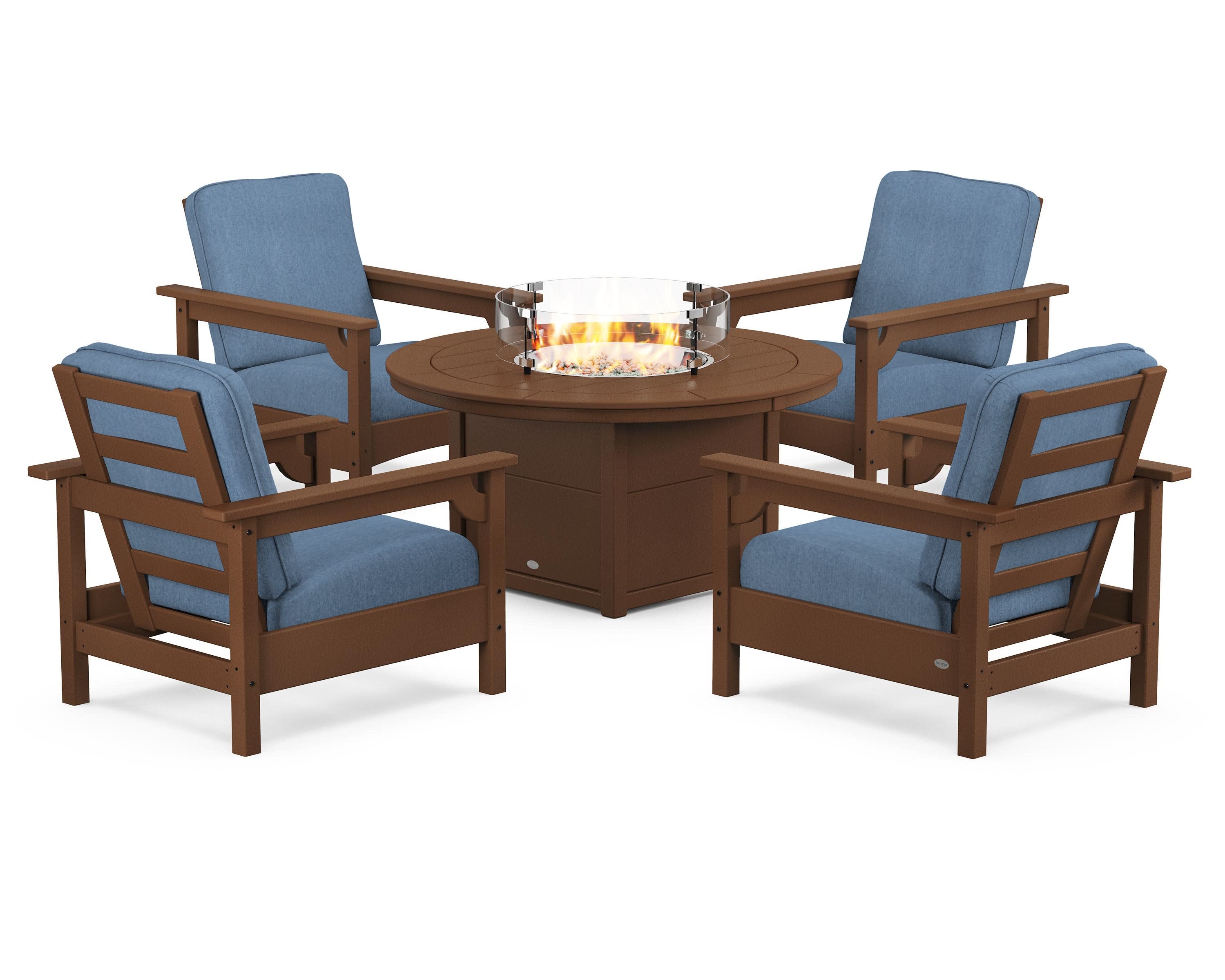 Club 5-Piece Conversation Set with Fire Pit Table in Teak / Sky Blue