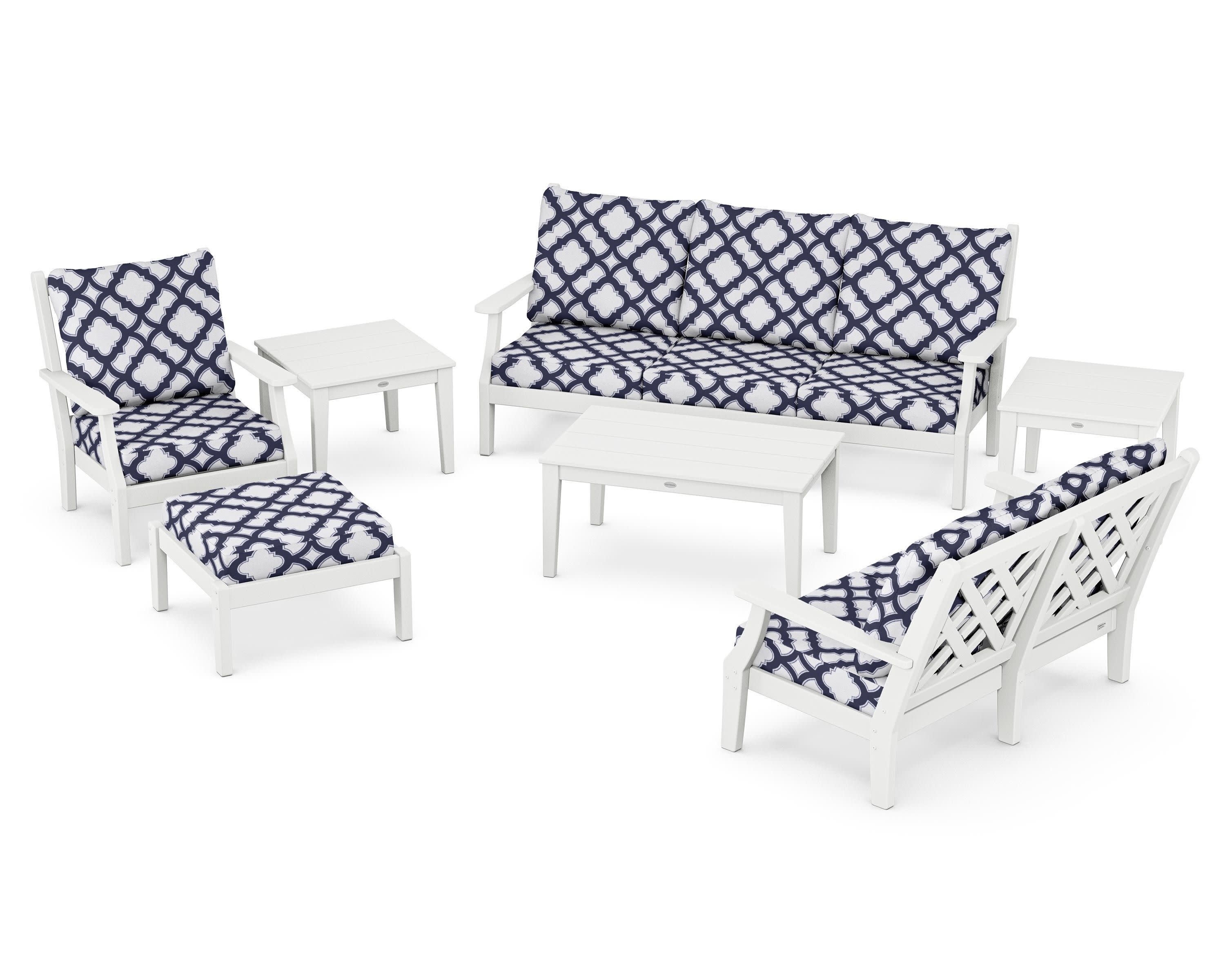 Wovendale 7-Piece Deep Seating Set in White / Trellis Navy