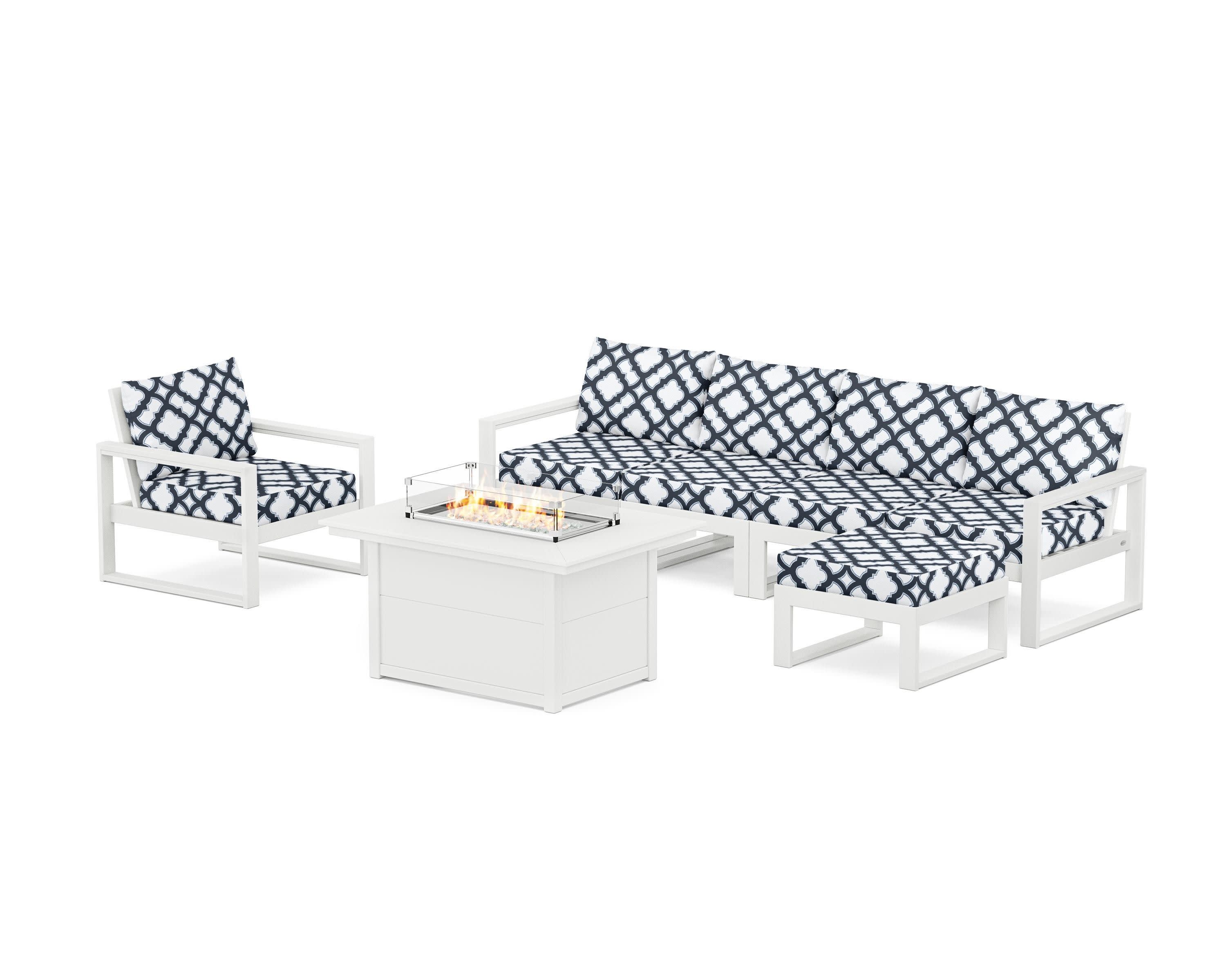 EDGE Sectional Lounge and Fire Pit Set in White / Trellis Marine Indigo