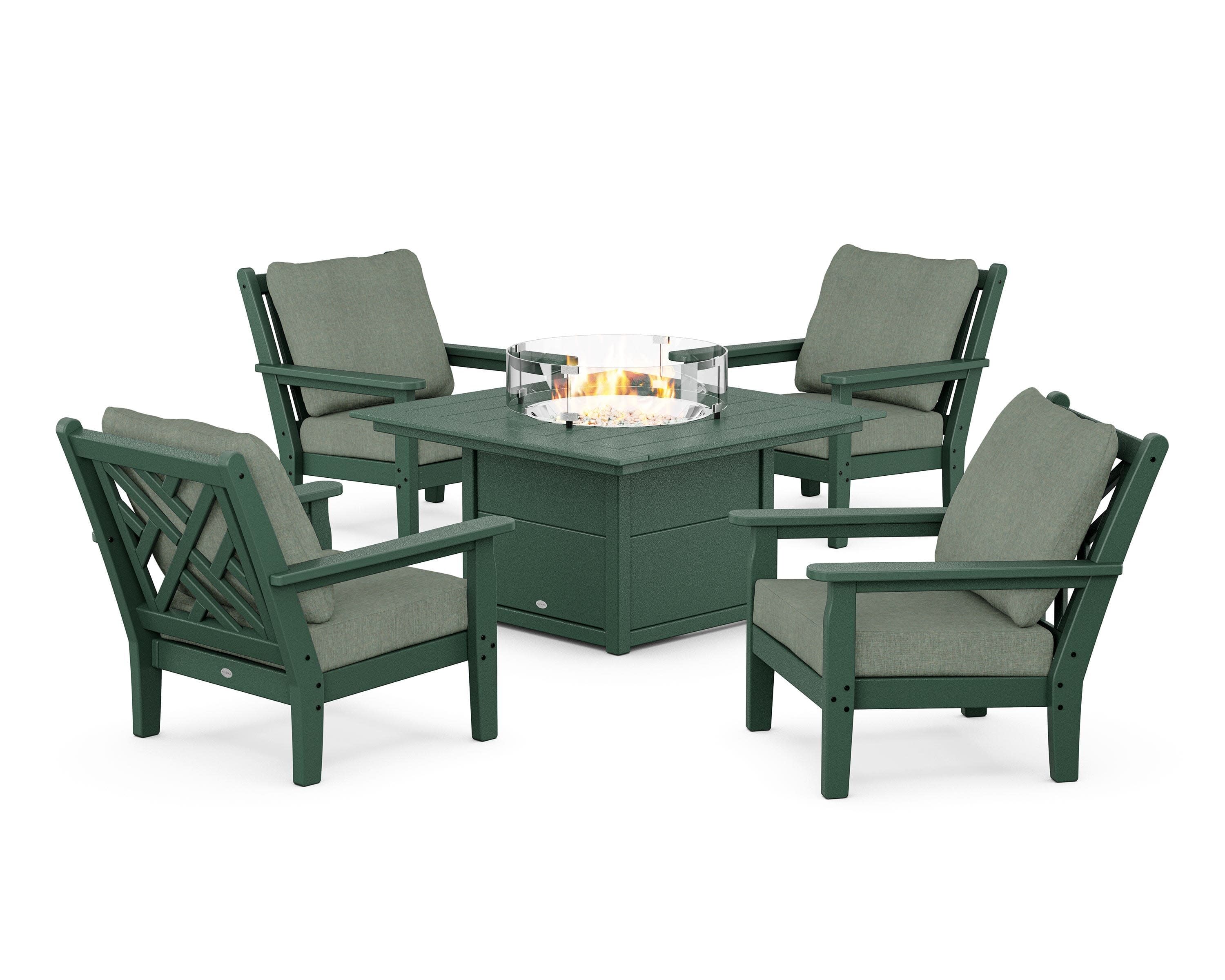 Chippendale 5-Piece Deep Seating Set with Fire Pit Table in Green / Cast Sage