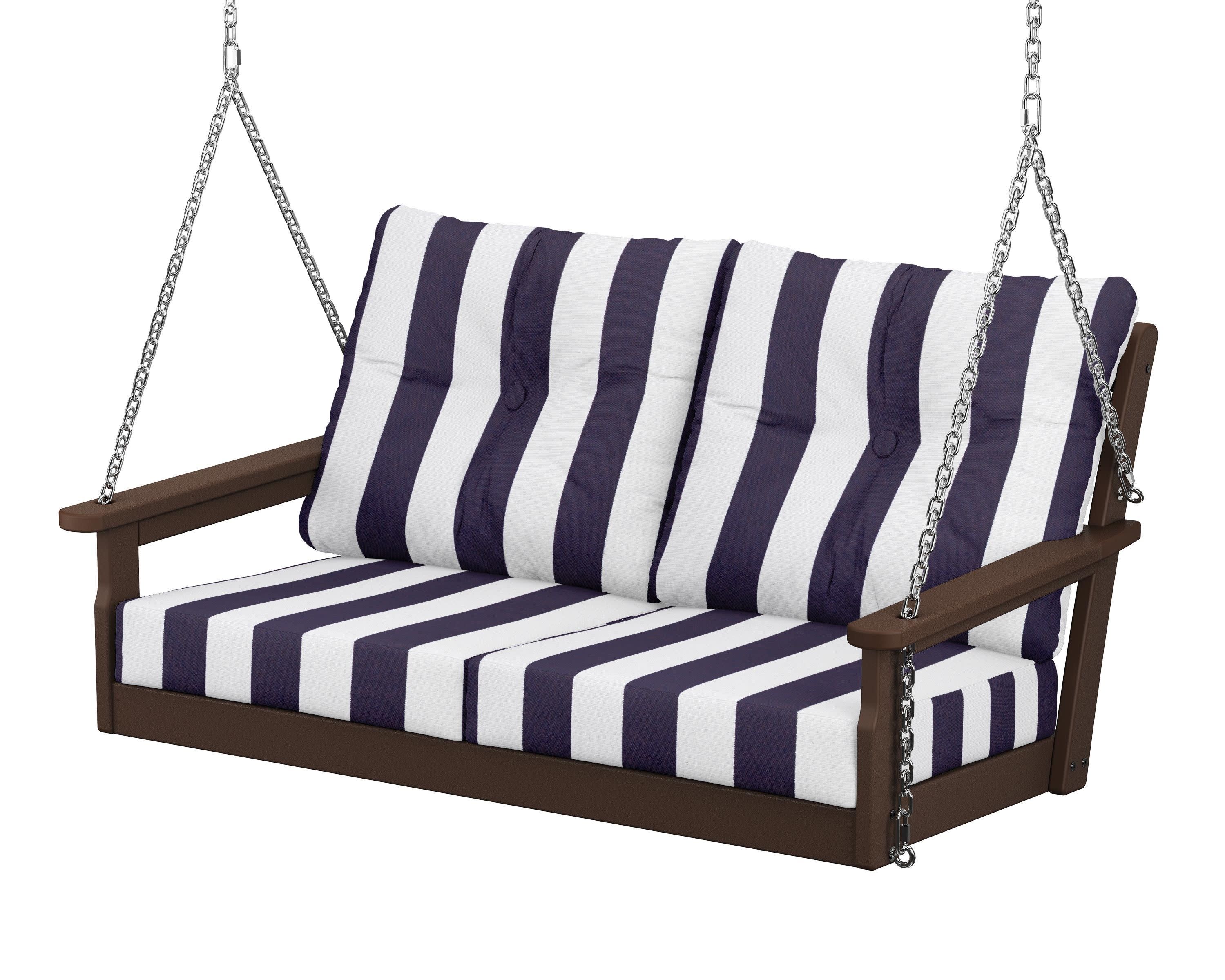 Vineyard Deep Seating Swing in Mahogany / Cabana Stripe Navy