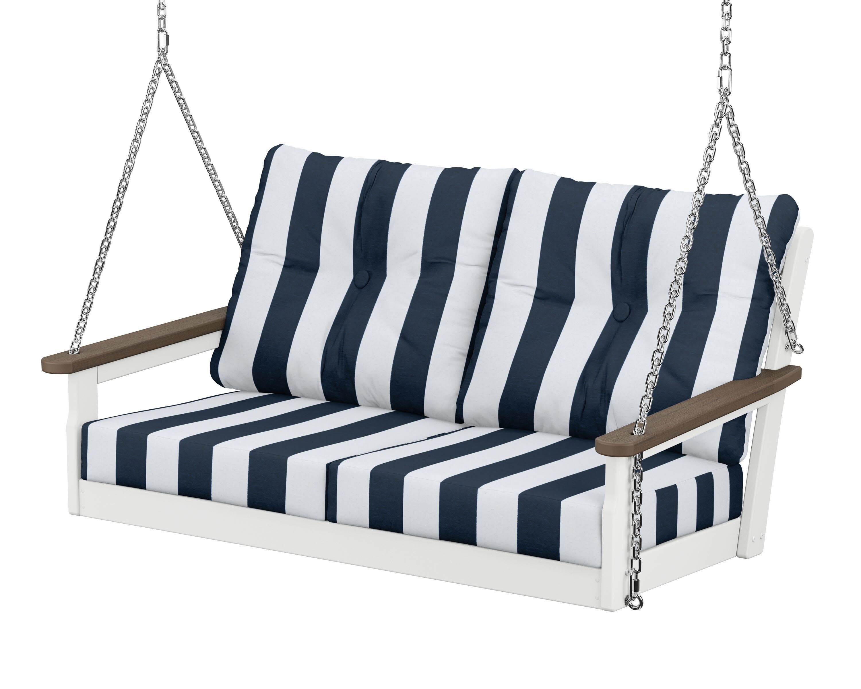Vineyard Deep Seating Swing in White / Kona / Cabana Stripe Marine Indigo