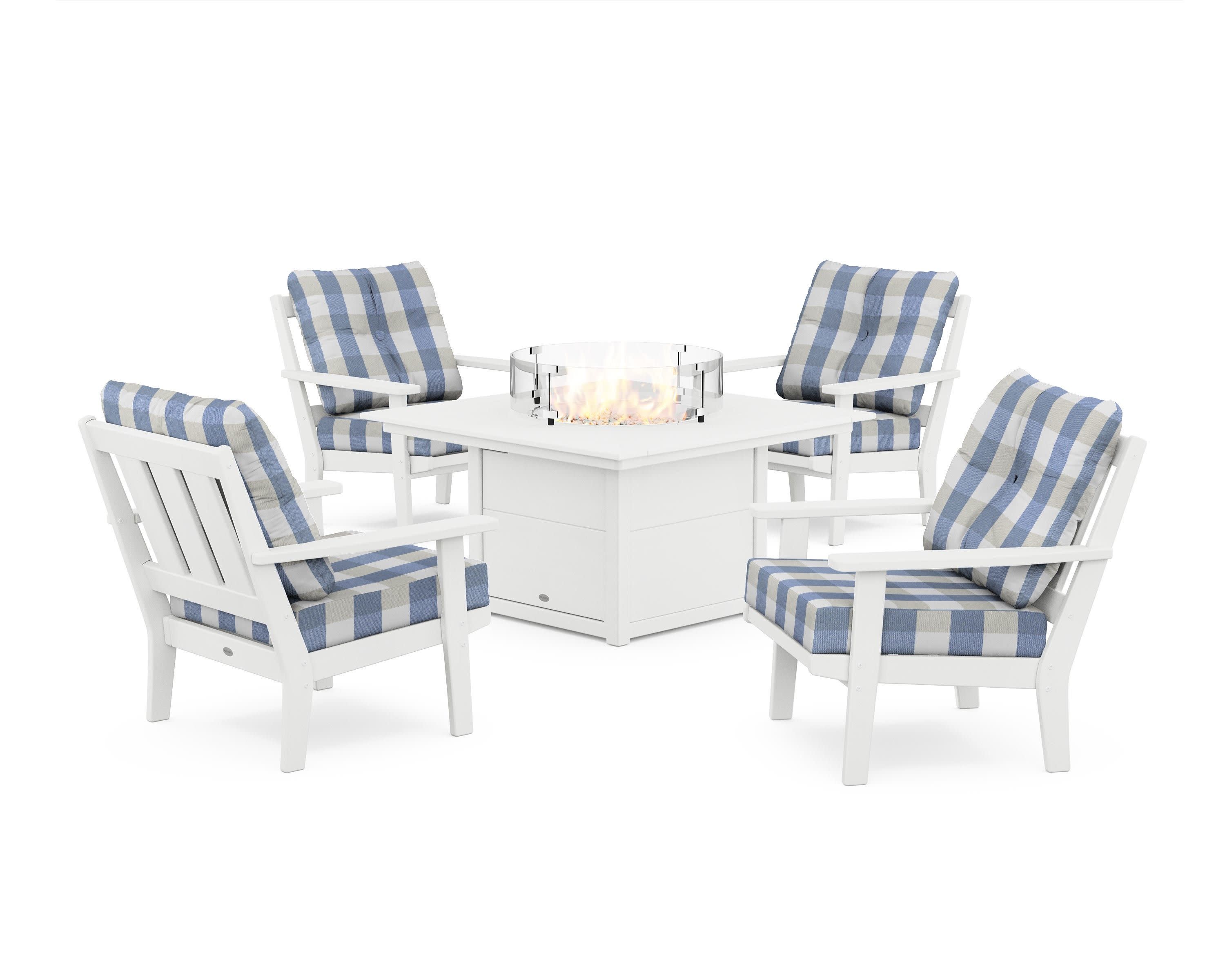 Oxford 5-Piece Deep Seating Set with Fire Pit Table in White / Buffalo Plaid Sky Blue