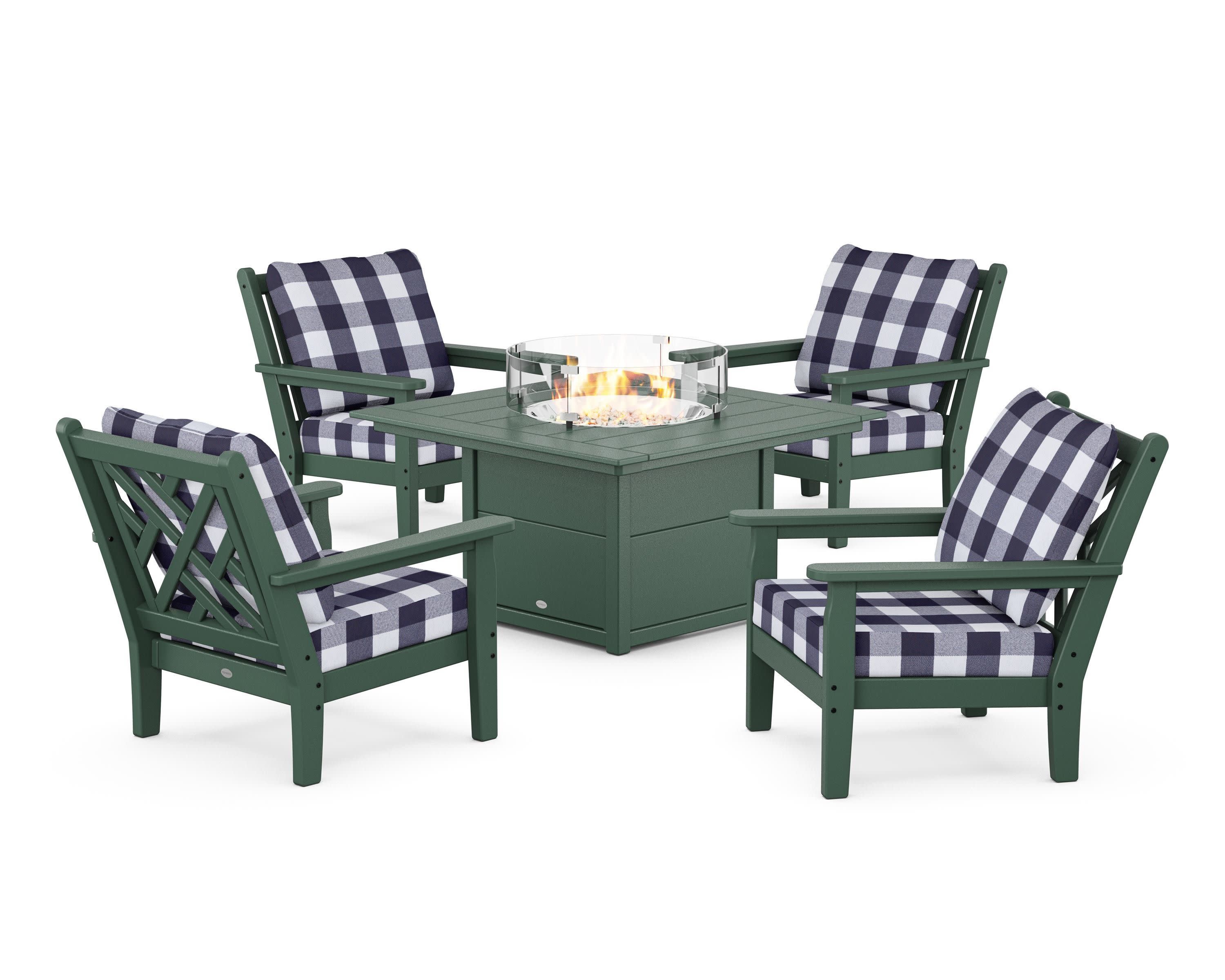 Chippendale 5-Piece Deep Seating Set with Fire Pit Table in Green / Buffalo Plaid Navy