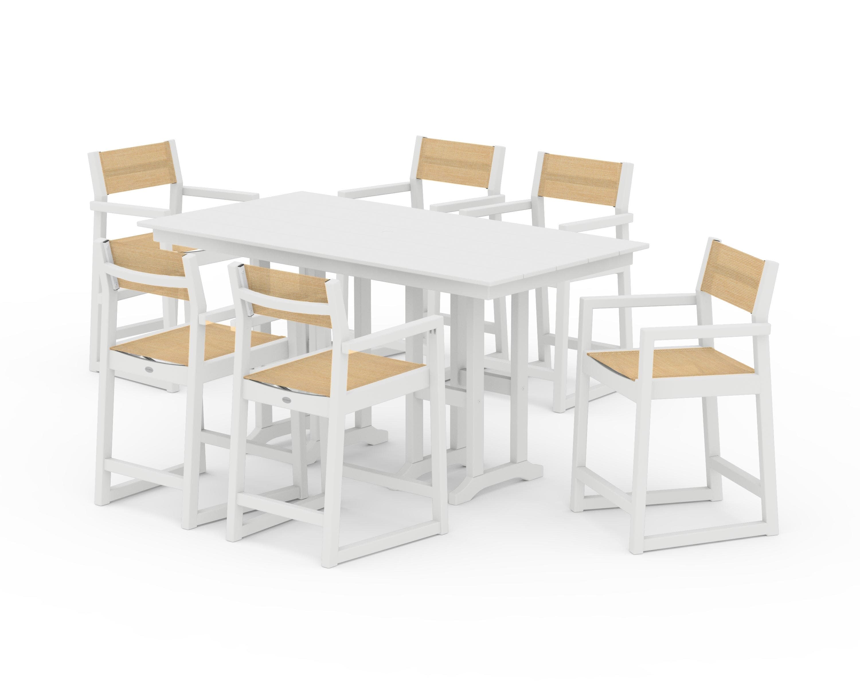EDGE Sling Arm Chair 7-Piece Farmhouse Counter Set in White / Dupioni Apricot Sling