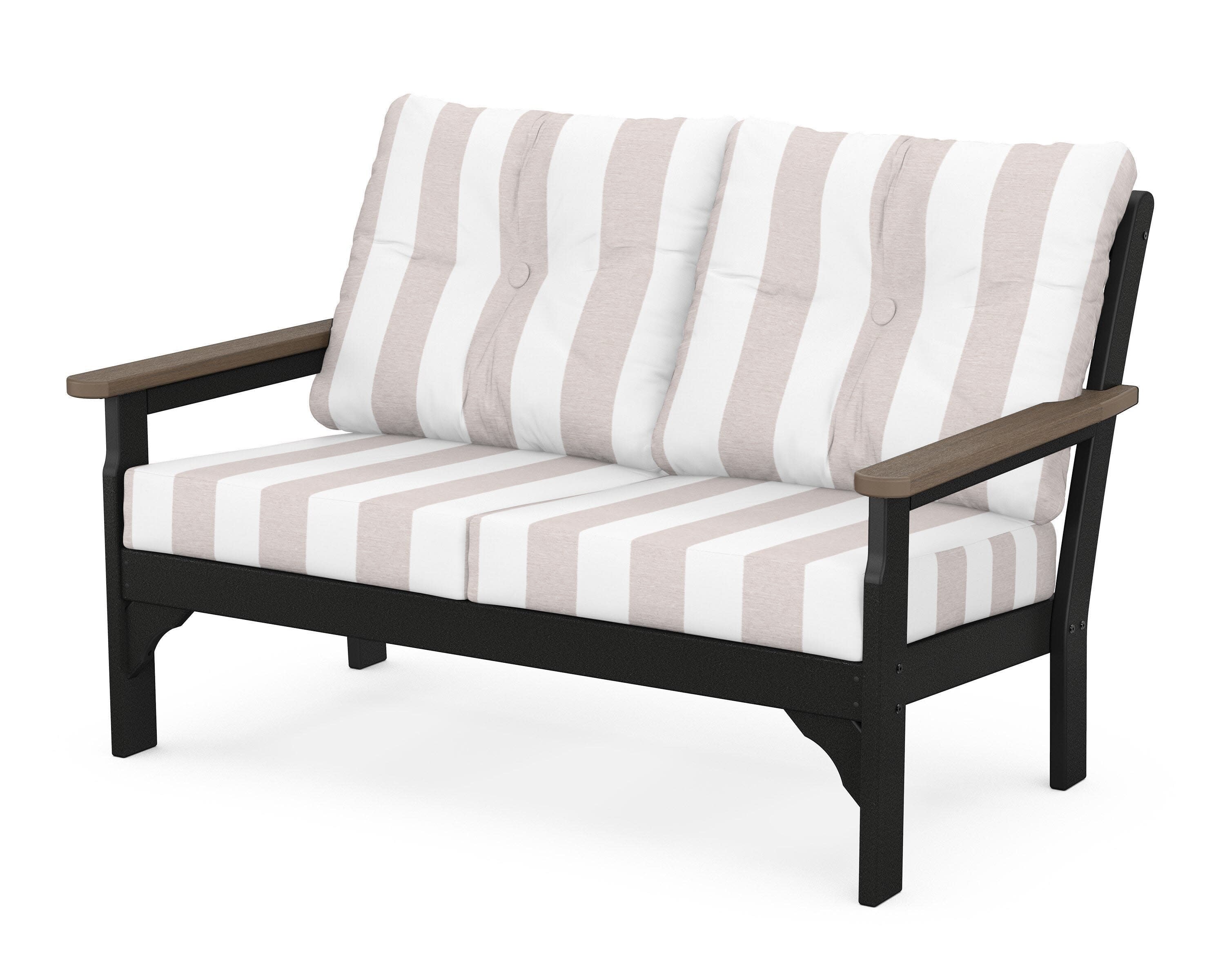 Vineyard Deep Seating Loveseat in Black / Kona / Cabana Stripe Dune Burlap
