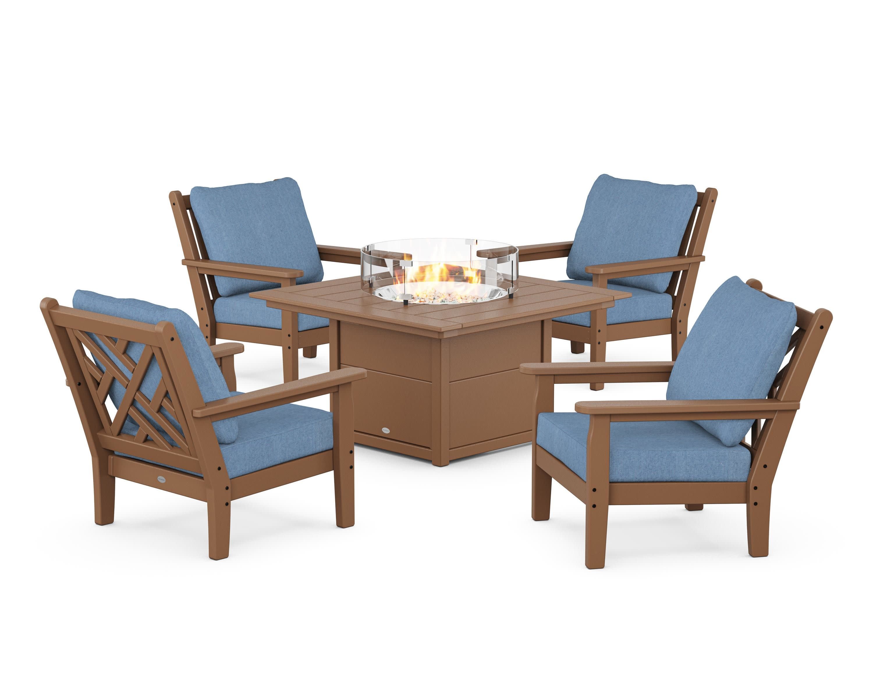 Chippendale 5-Piece Deep Seating Set with Fire Pit Table in Teak / Sky Blue