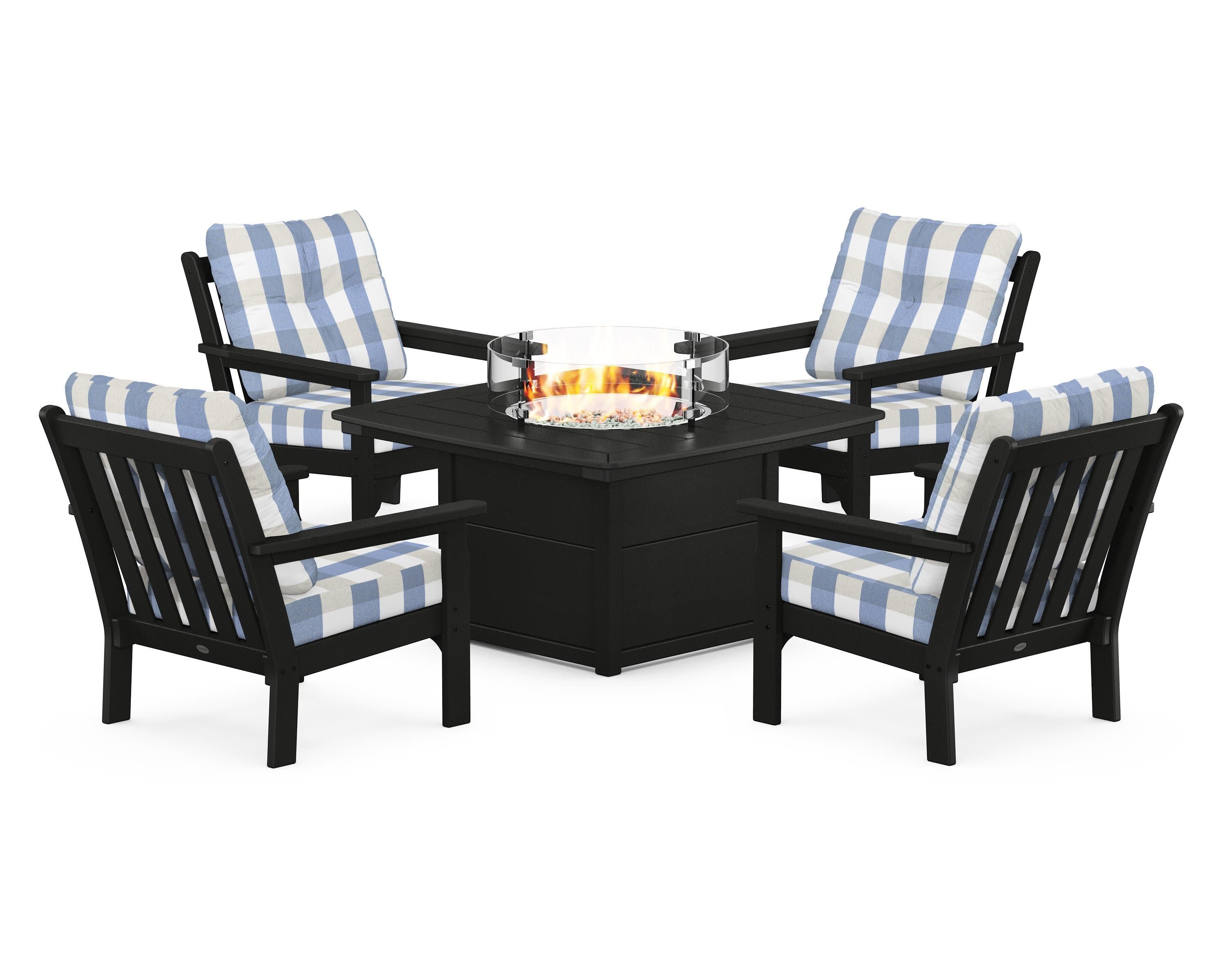 Vineyard 5-Piece Conversation Set with Fire Pit Table in Black / Buffalo Plaid Sky Blue