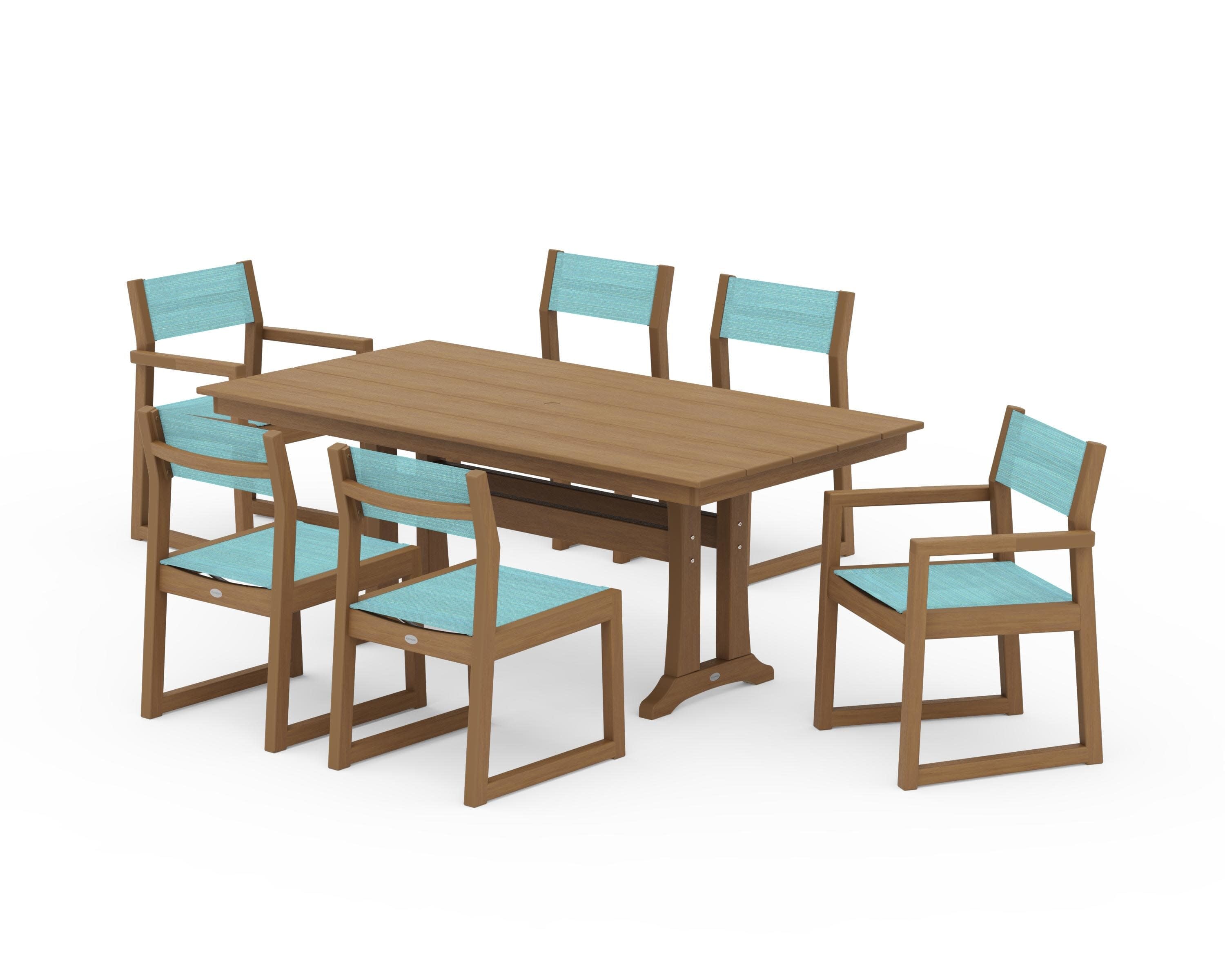 EDGE Sling 7-Piece Farmhouse Trestle Dining Set in Natural / Dupioni Aquamarine Sling