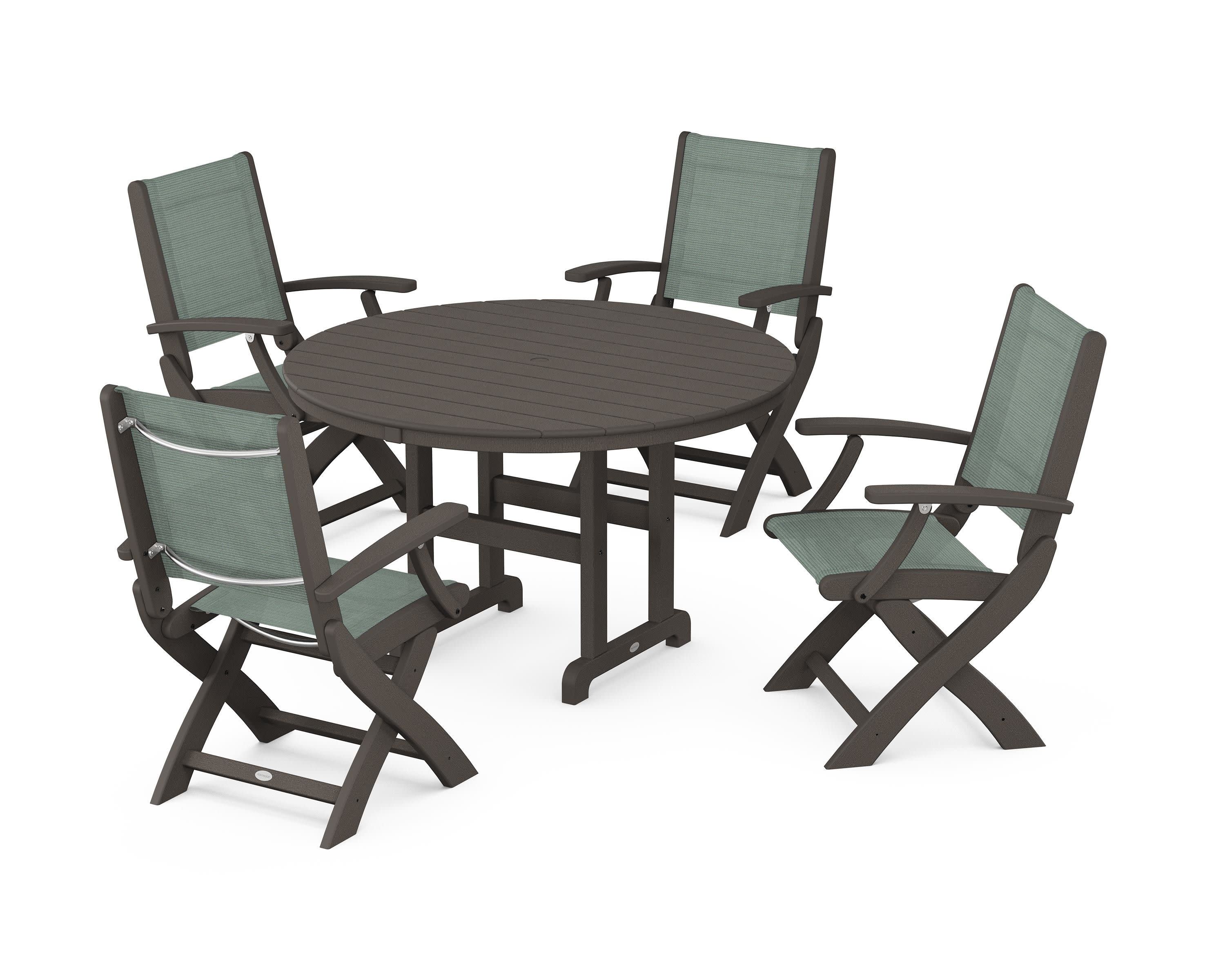 Coastal Folding Chair 5-Piece Round Dining Set in Vintage Coffee / Dupioni Sea Mist Sling