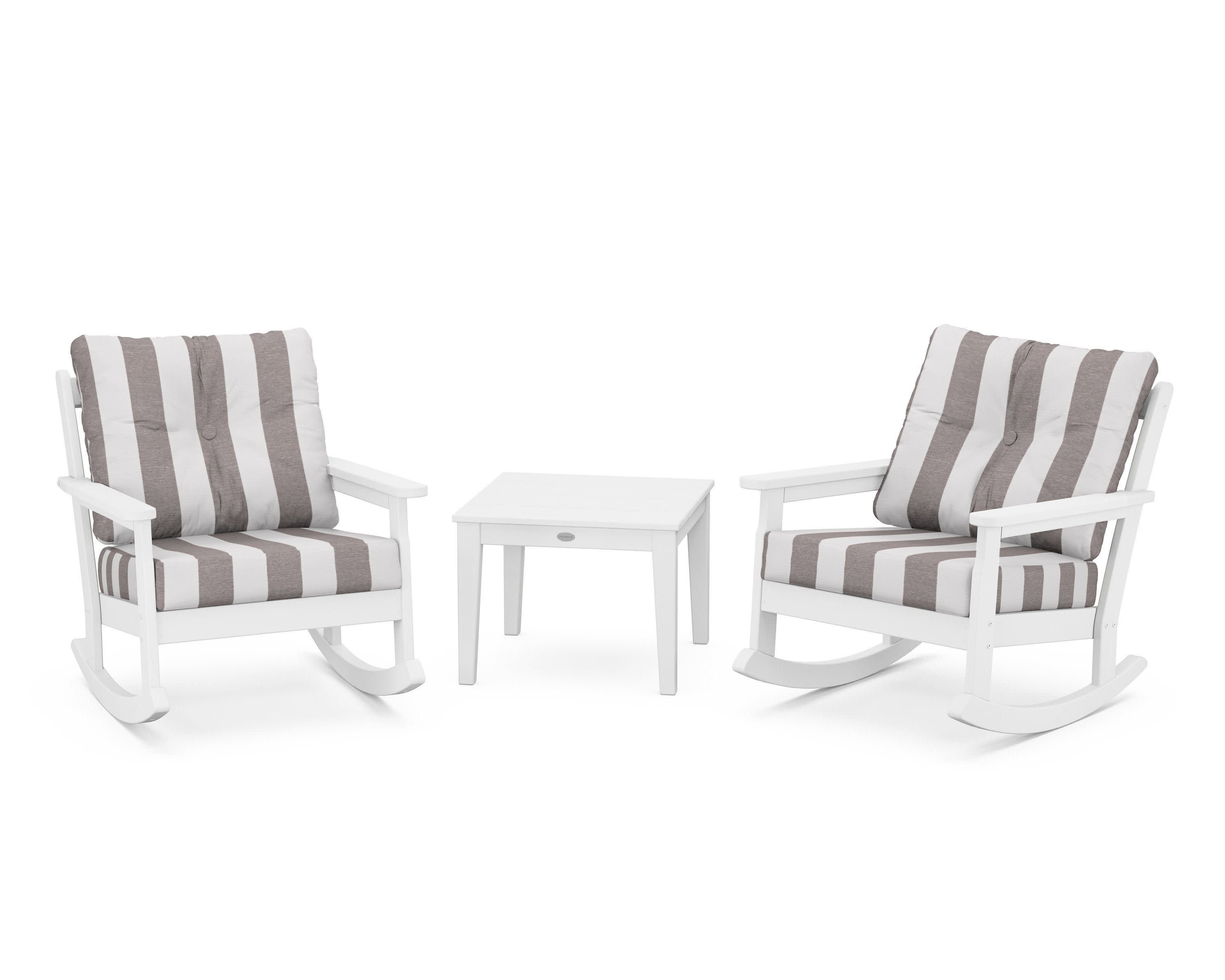 Vineyard 3-Piece Deep Seating Rocker Set in White / Cabana Stripe Grey Mist