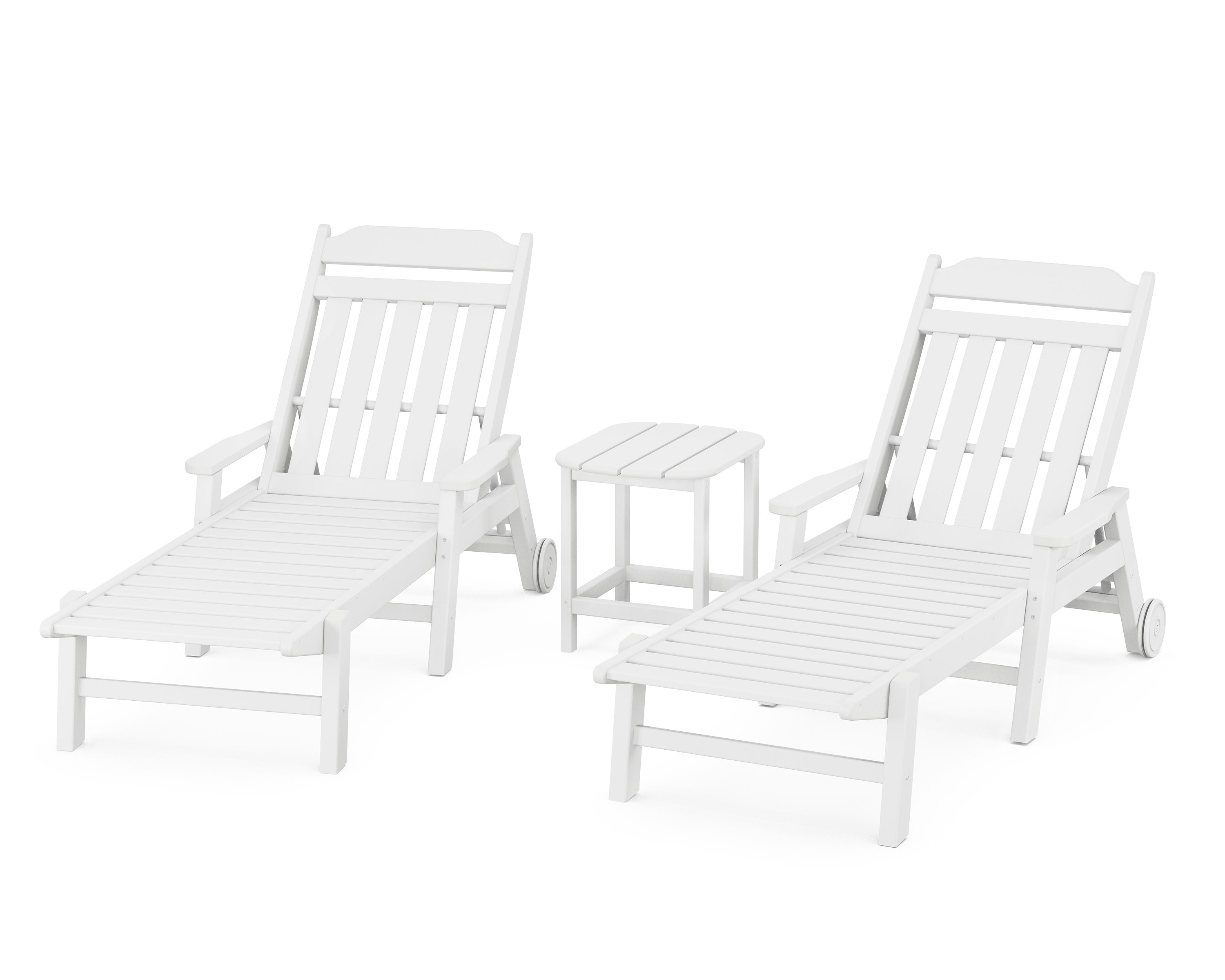 Cottage 3-Piece Chaise Set with Arms and Wheels in White