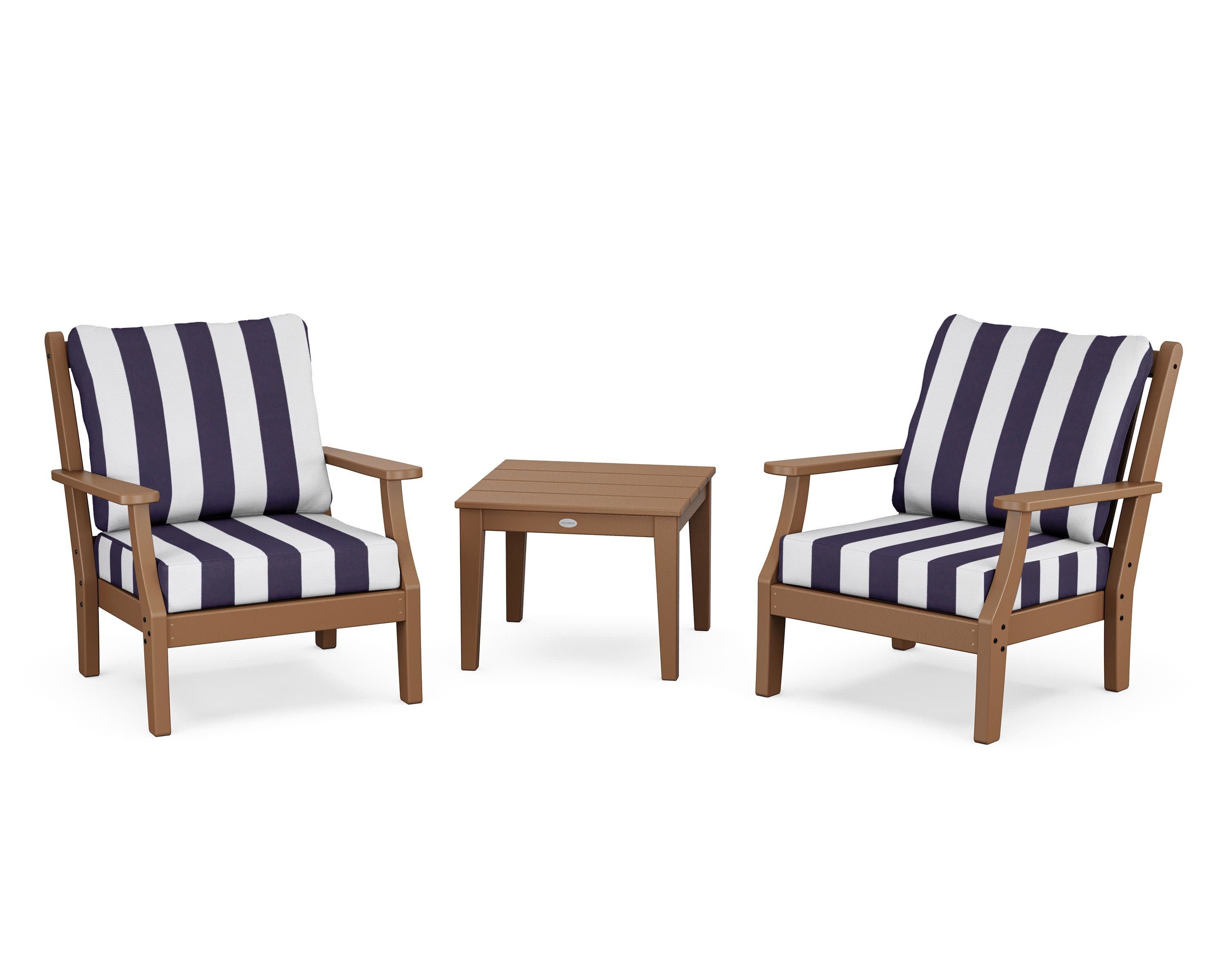 Wovendale 3-Piece Deep Seating Set in Teak / Cabana Stripe Navy