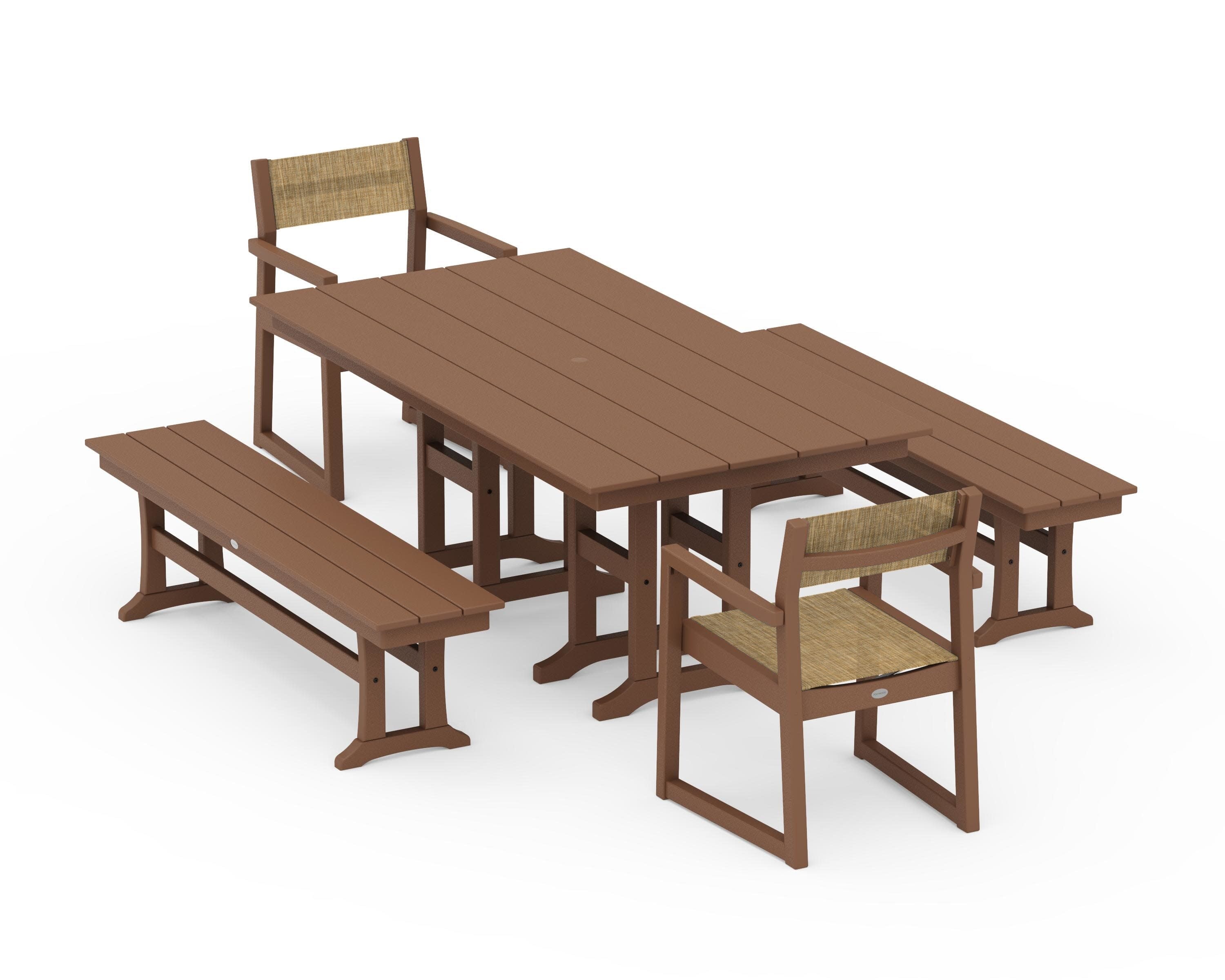 EDGE Sling Arm Chair 5-Piece Farmhouse Dining Set with Benches in Teak / Burlap Sling
