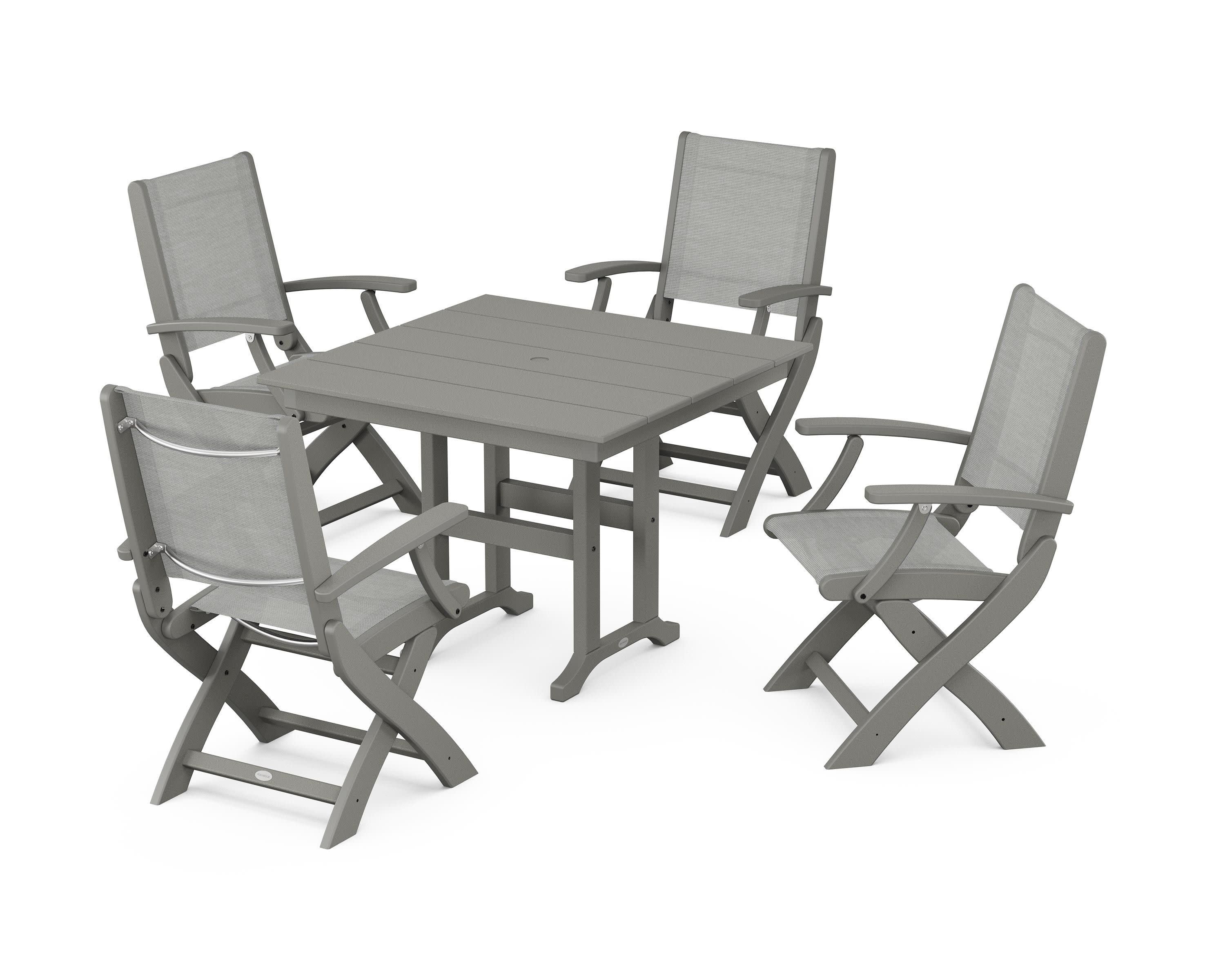 Coastal Folding Chair 5-Piece Farmhouse Dining Set in Slate Grey / Metallic Sling