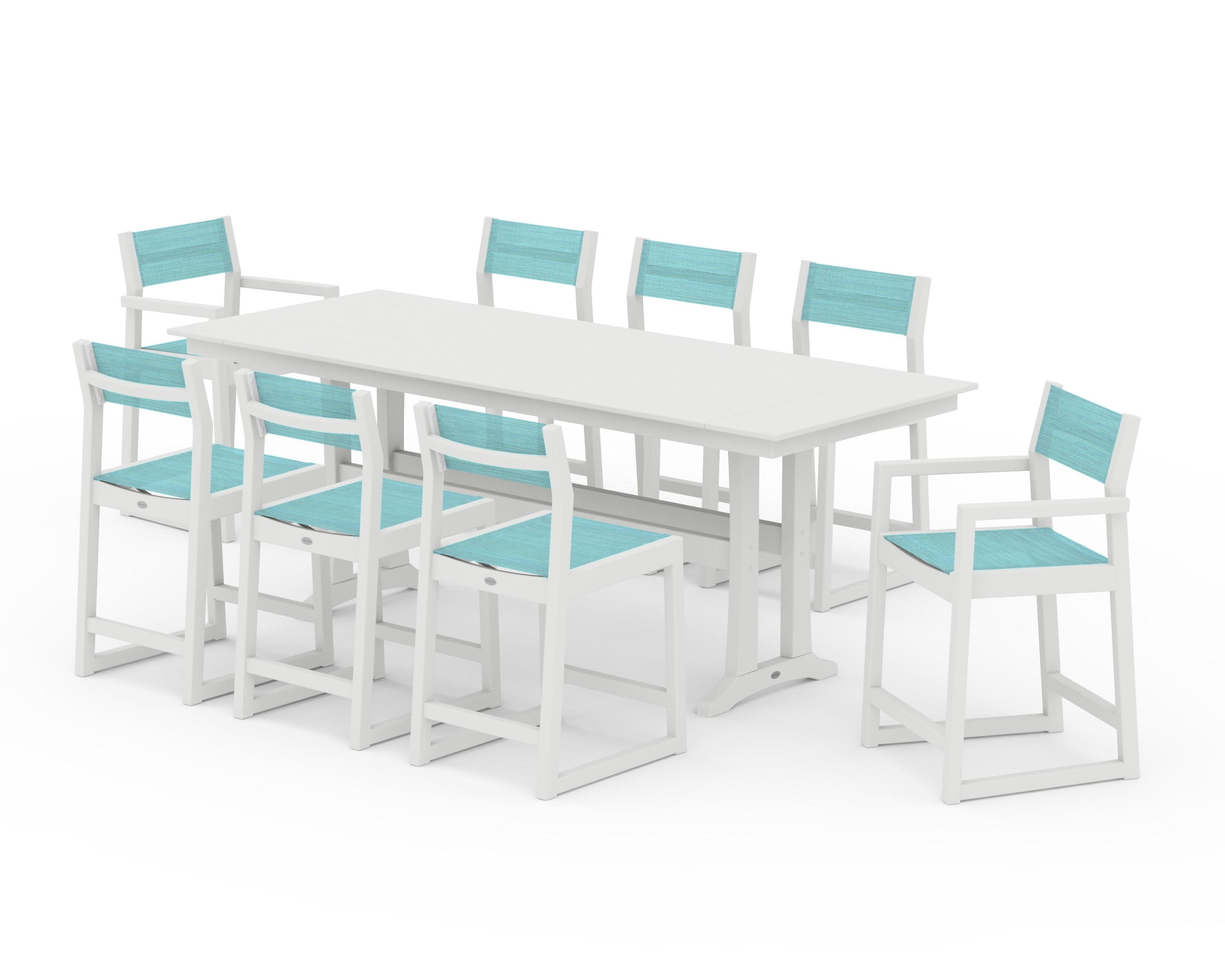 EDGE Sling 9-Piece Farmhouse Counter Set with Trestle Legs in Vintage White / Dupioni Aquamarine Sling
