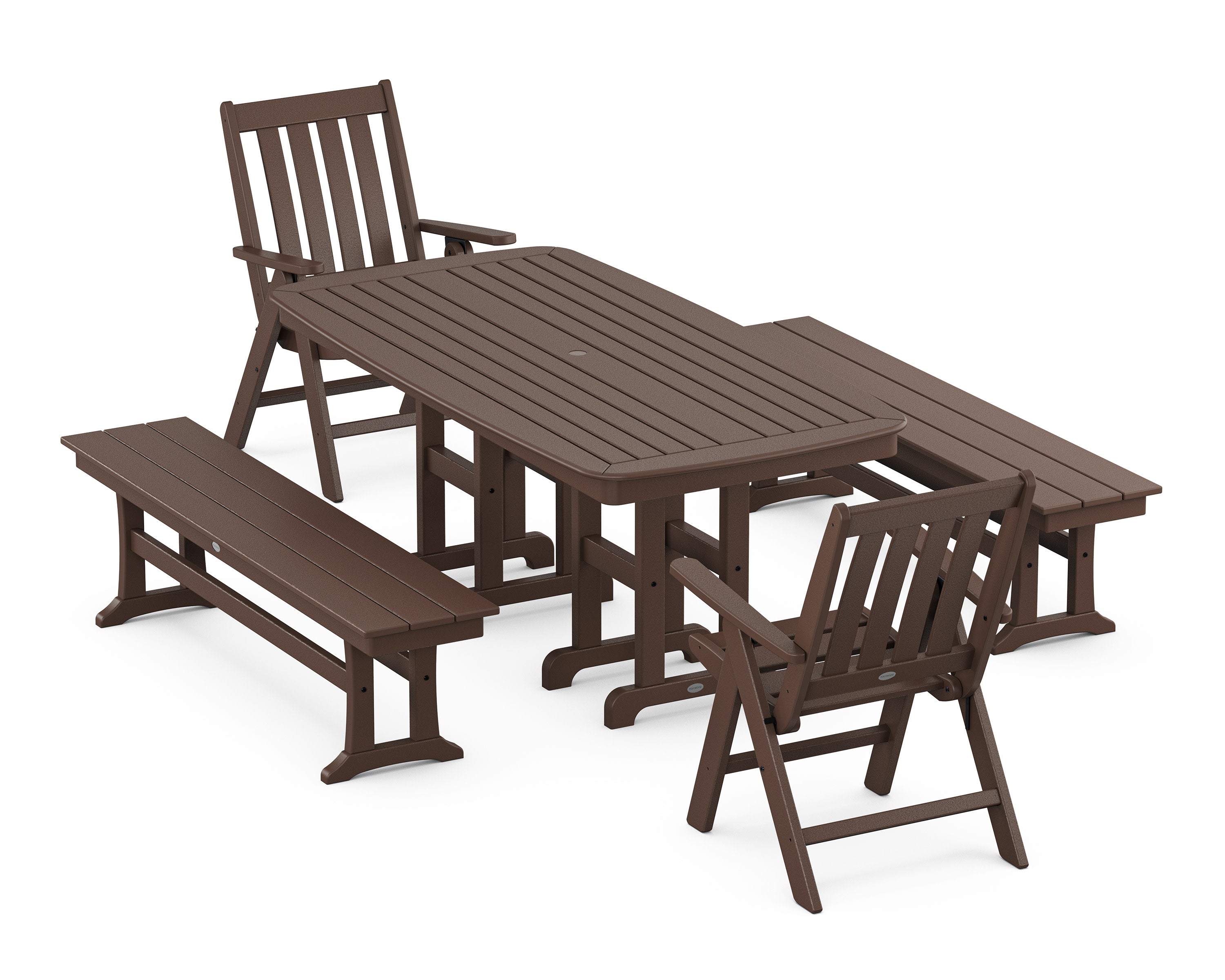 Vineyard Folding Chair 6-Piece Dining Set with Benches in Mahogany