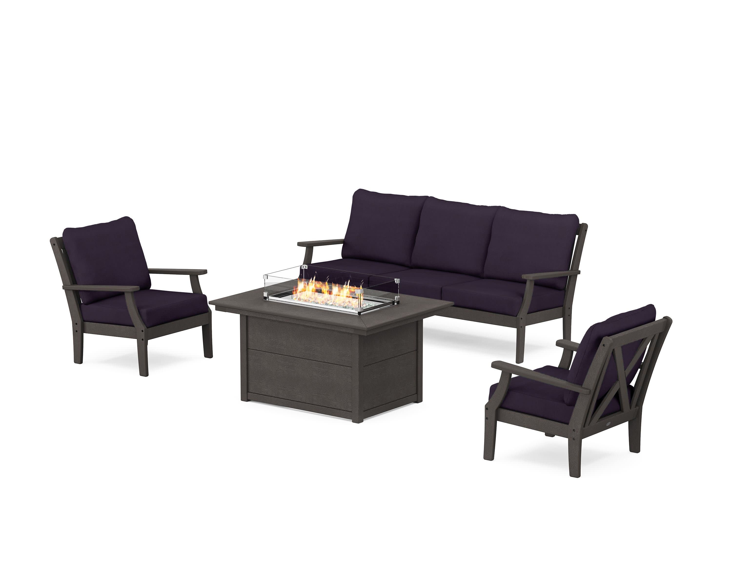 Braxton Deep Seating Fire Pit Table Set in Vintage Coffee / Navy Linen
