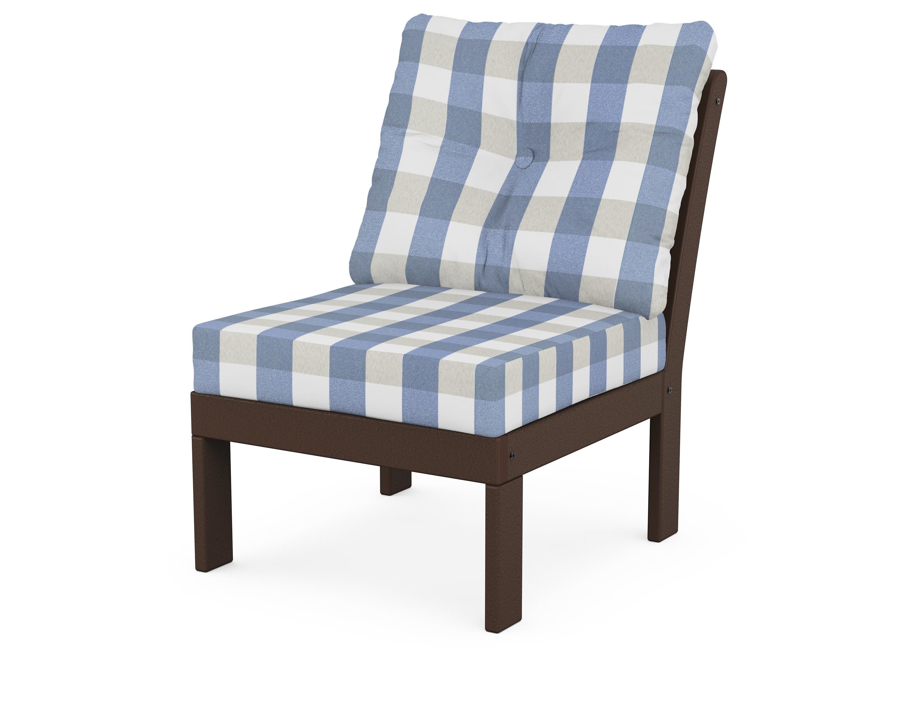 Vineyard Modular Armless Chair in Mahogany / Buffalo Plaid Sky Blue