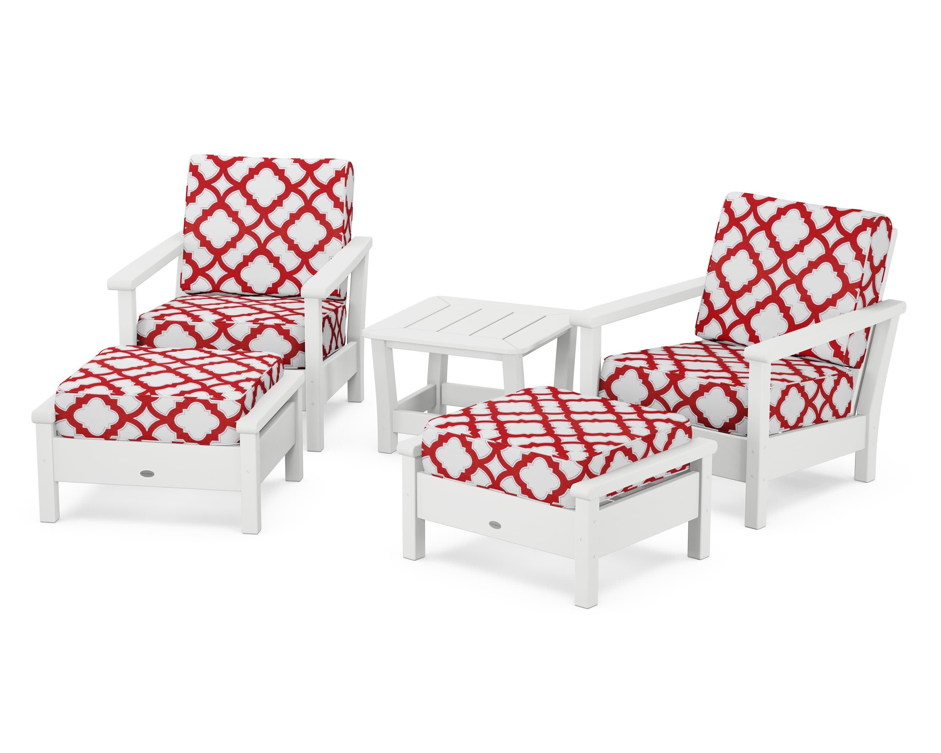 Harbour 5-Piece Deep Seating Chair Set in White / Trellis Crimson