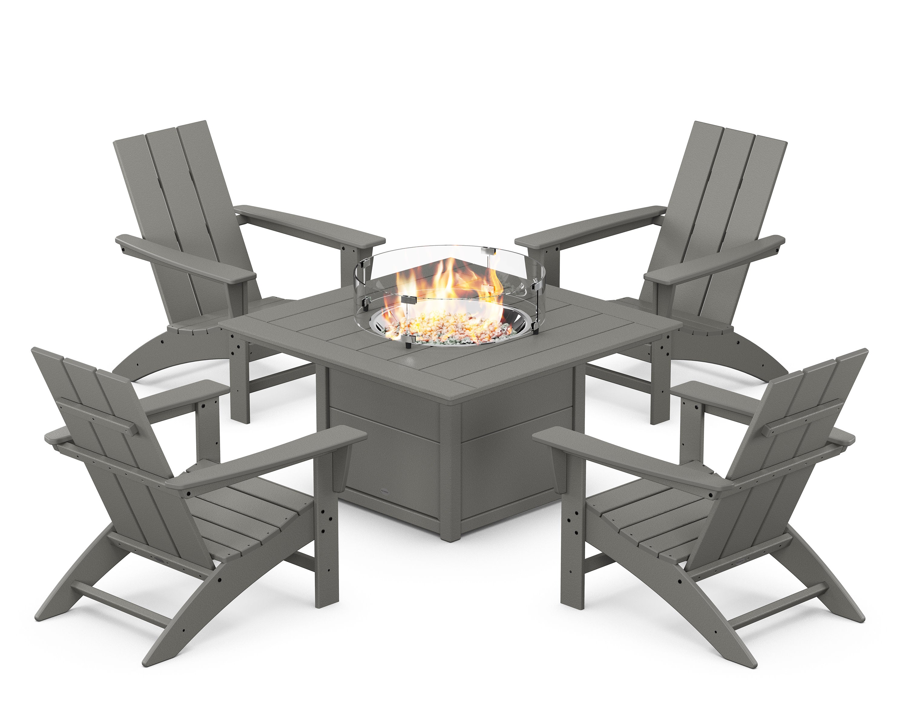 Modern 5-Piece Adirondack Chair Conversation Set with Fire Pit Table in Slate Grey