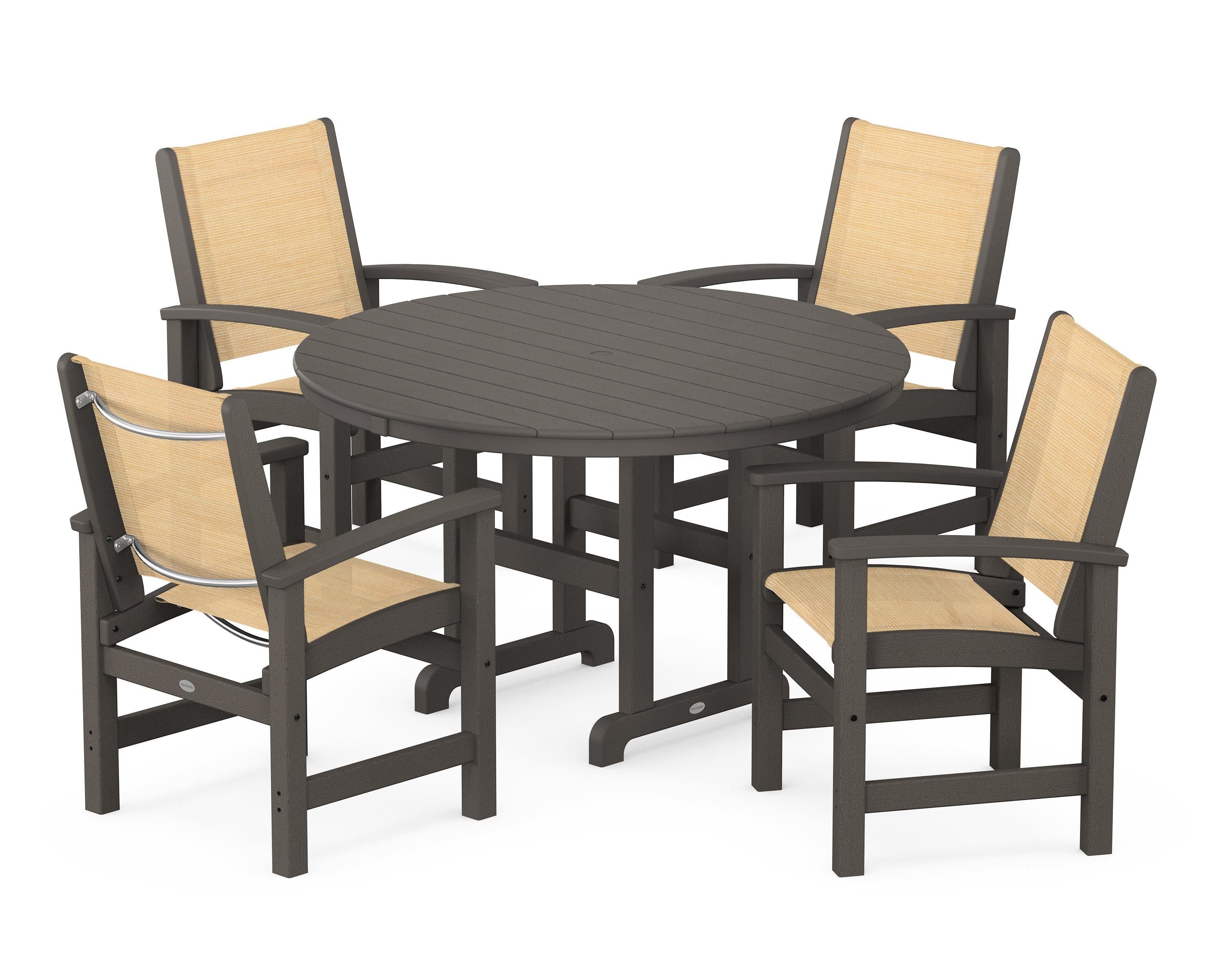 Coastal 5-Piece Round Farmhouse Dining Set in Vintage Coffee / Dupioni Apricot Sling