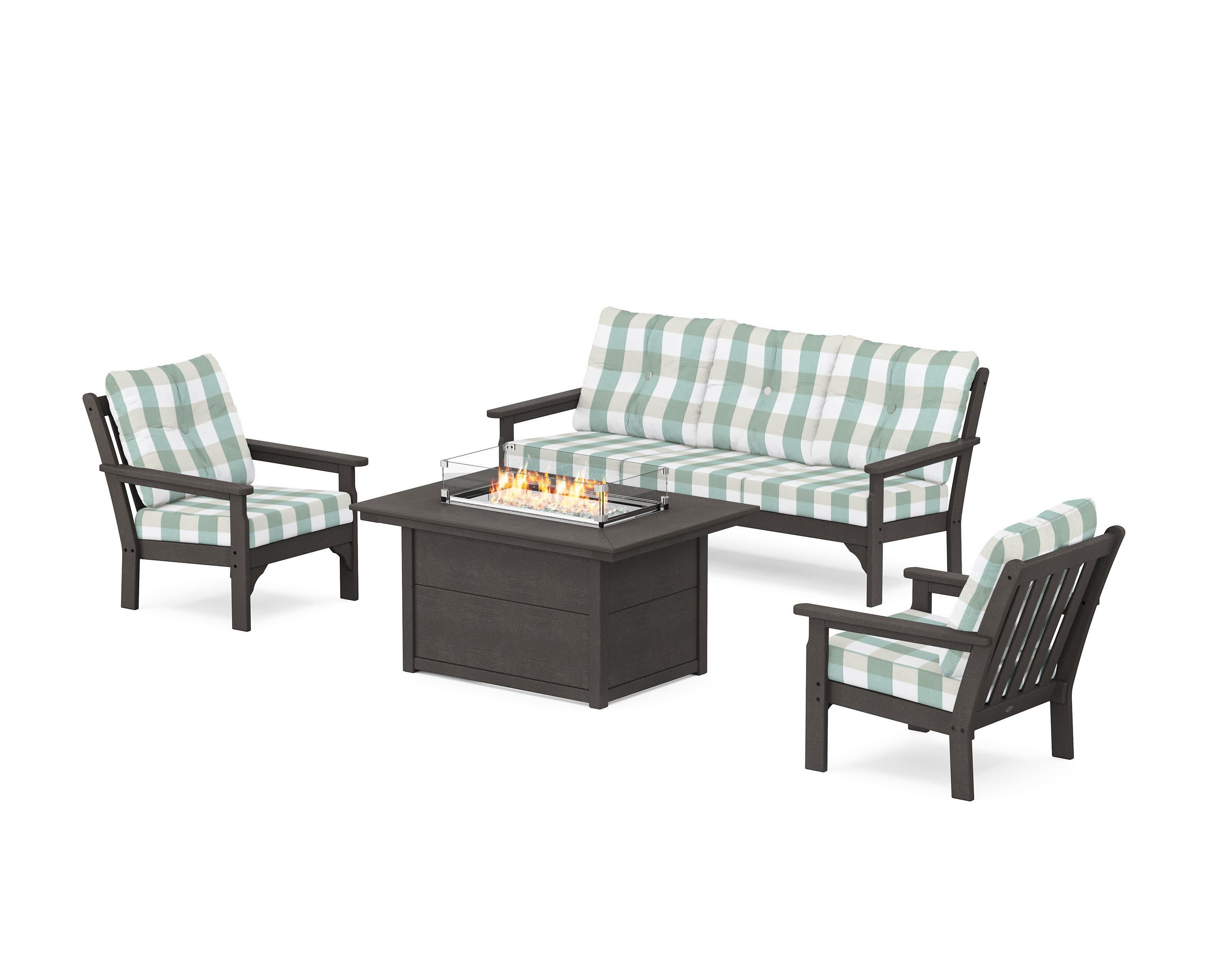 Vineyard Deep Seating Fire Pit Table Set in Vintage Coffee / Buffalo Plaid Glacier Spa