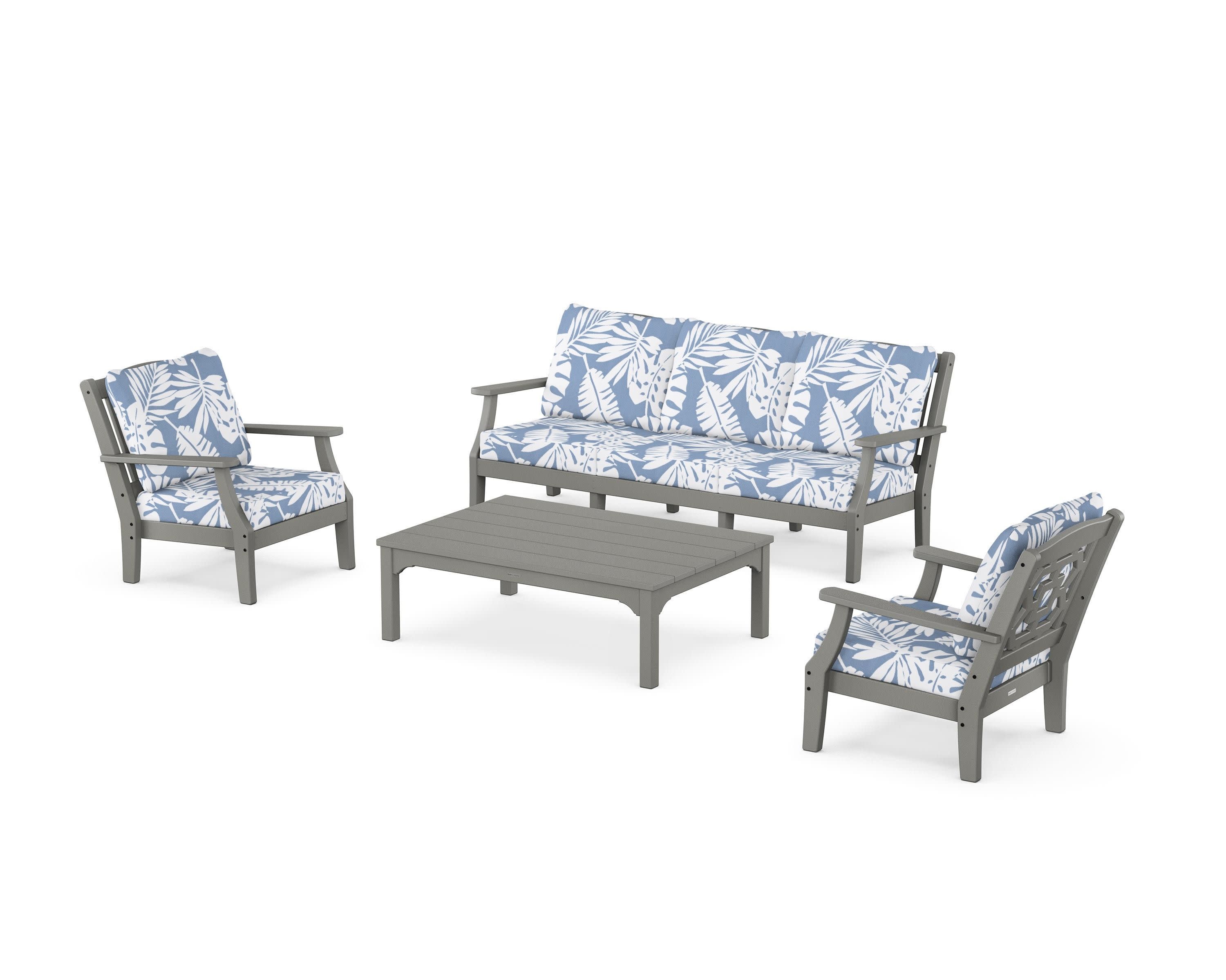 Chinoiserie 4-Piece Deep Seating Set with Sofa in Slate Grey / Leaf Sky Blue
