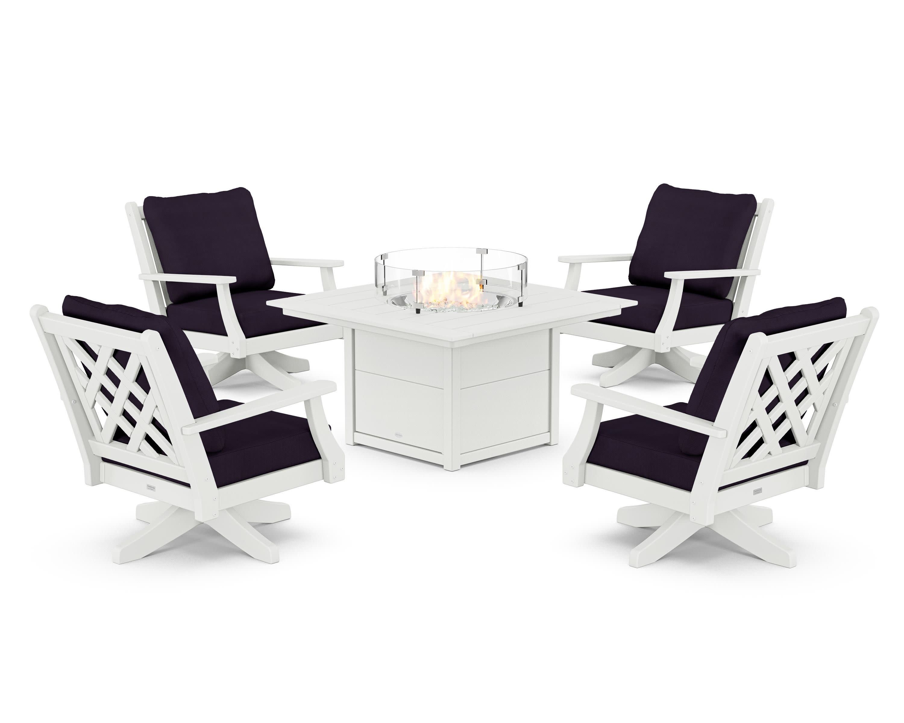 Wovendale 5-Piece Deep Seating Swivel Conversation Set with Fire Pit Table in White / Navy Linen