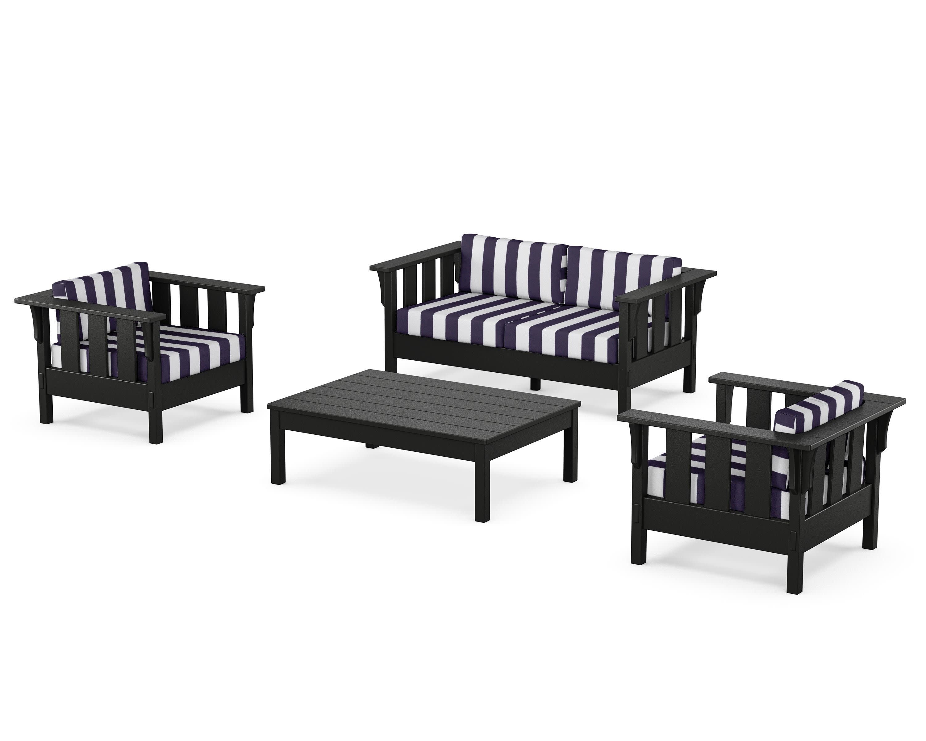 Acadia 4-Piece Deep Seating Set with Loveseat in Black / Cabana Stripe Navy