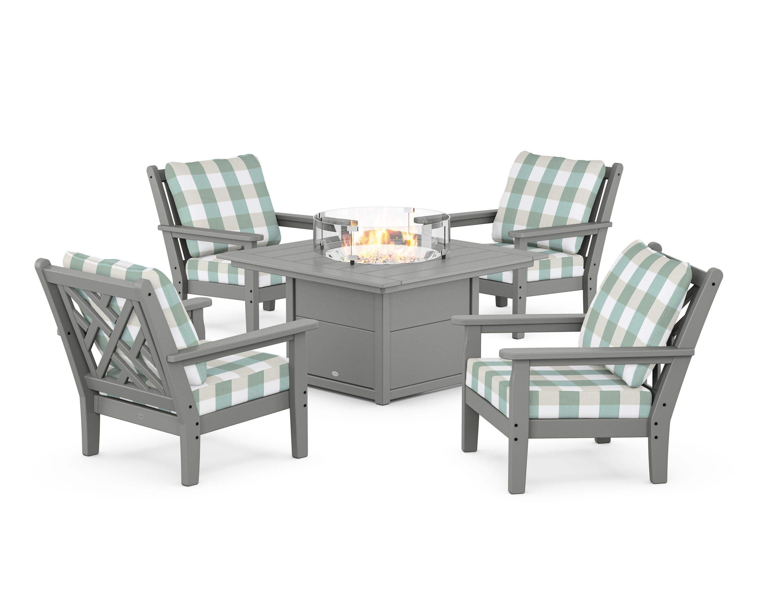 Chippendale 5-Piece Deep Seating Set with Fire Pit Table in Slate Grey / Buffalo Plaid Glacier Spa