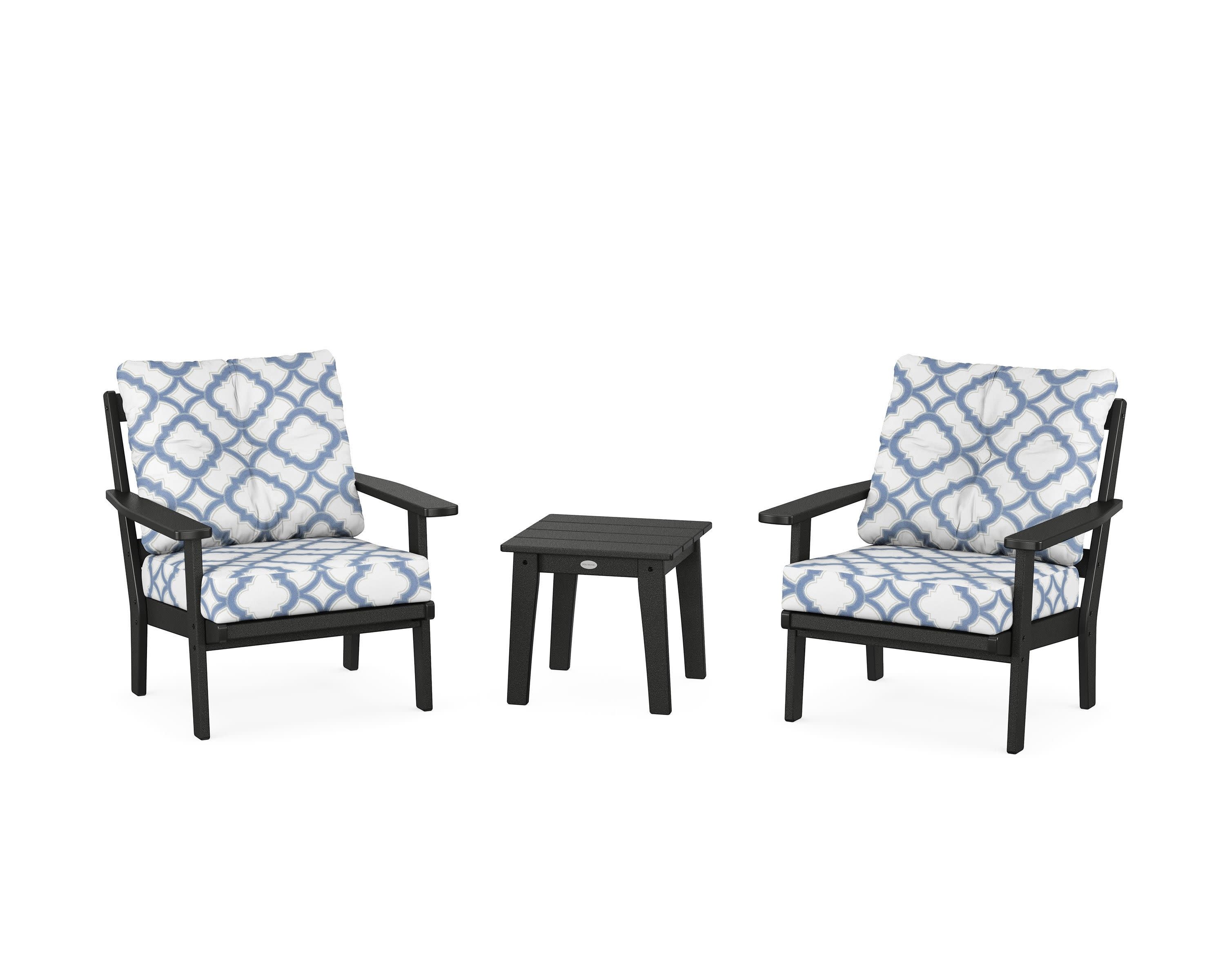 Oxford 3-Piece Deep Seating Set in Black / Trellis Sky Blue