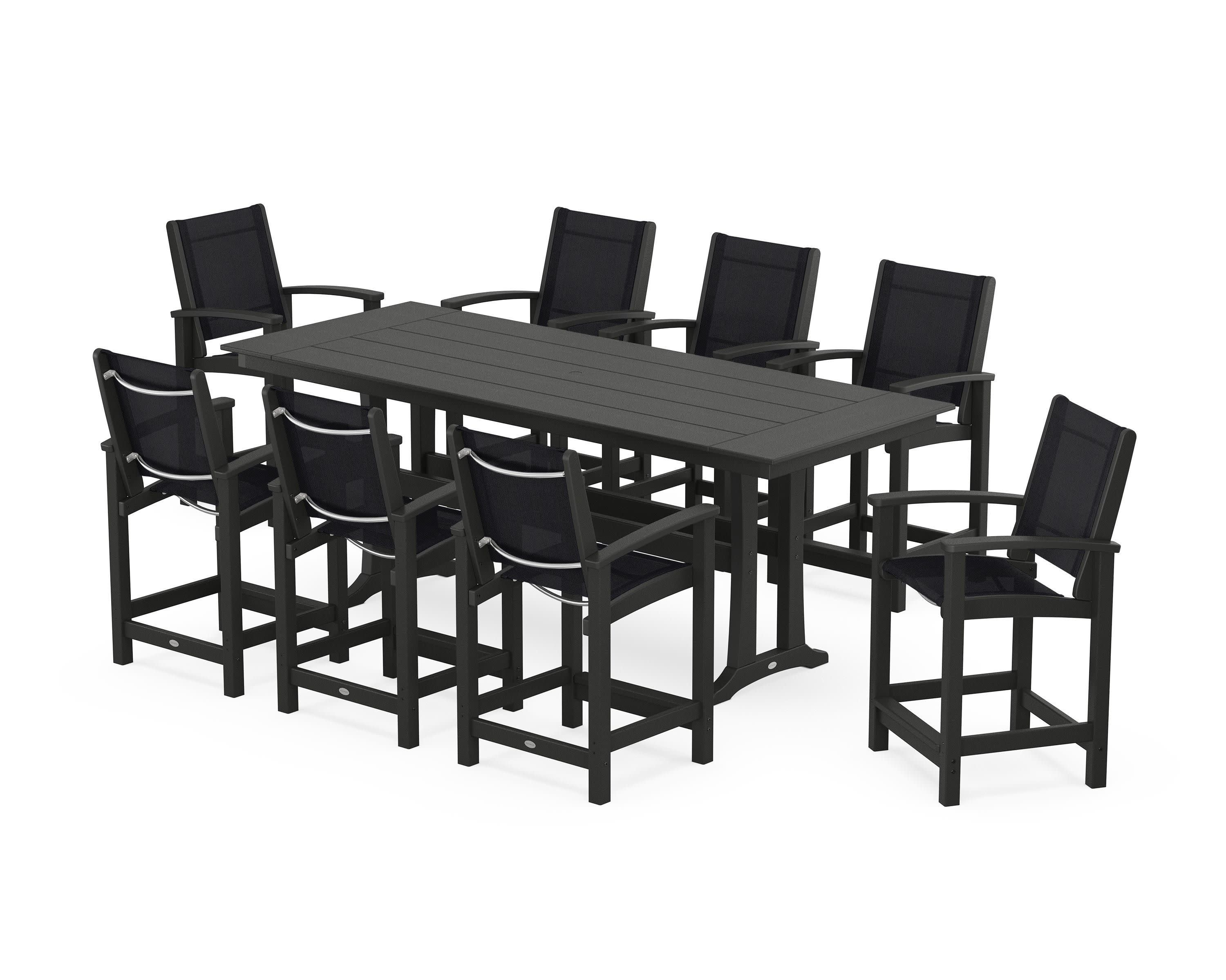 Coastal 9-Piece Farmhouse Counter Set with Trestle Legs in Black / Black Sling