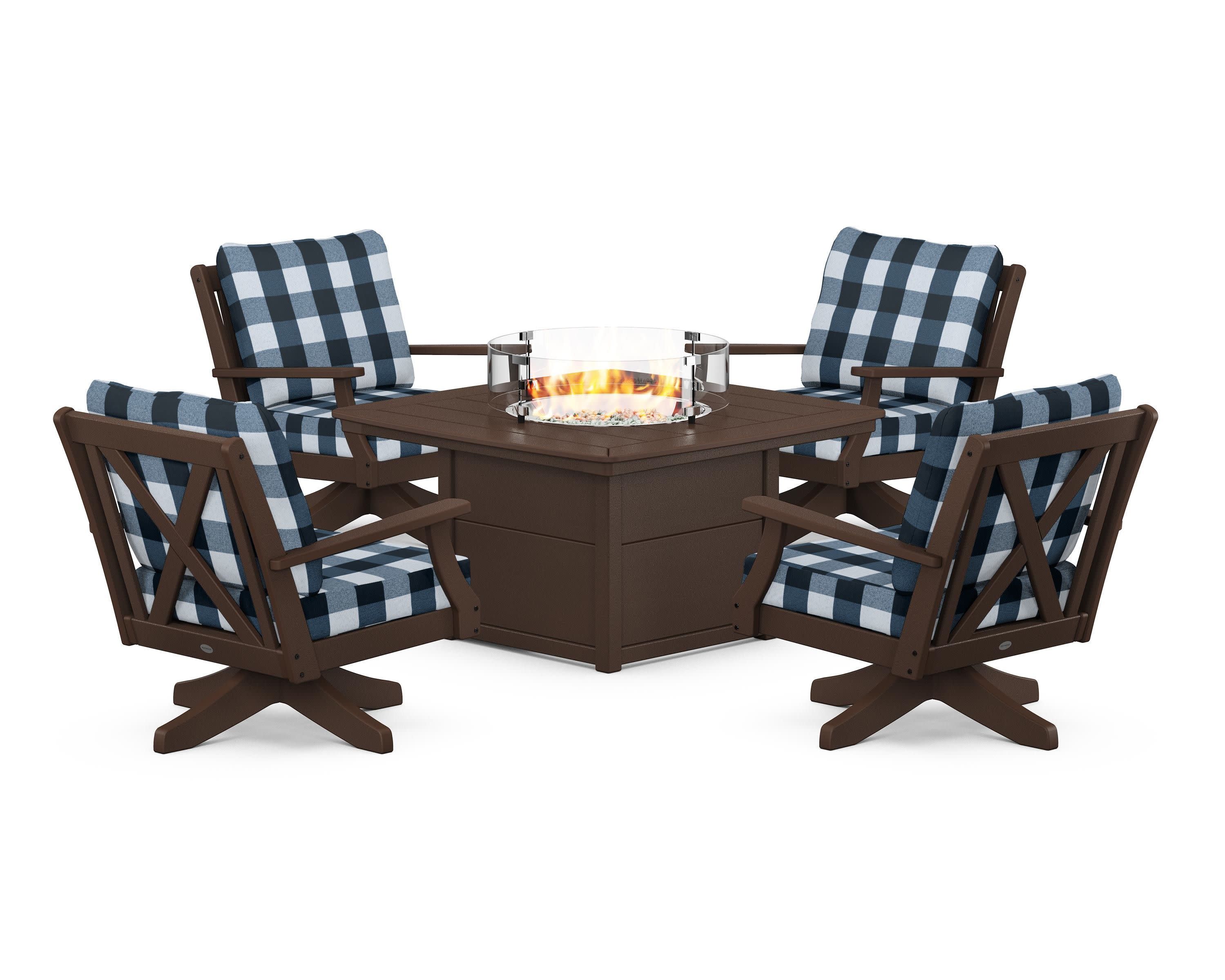 Braxton 5-Piece Deep Seating Swivel Conversation Set with Fire Pit Table in Mahogany / Buffalo Plaid Marine Indigo