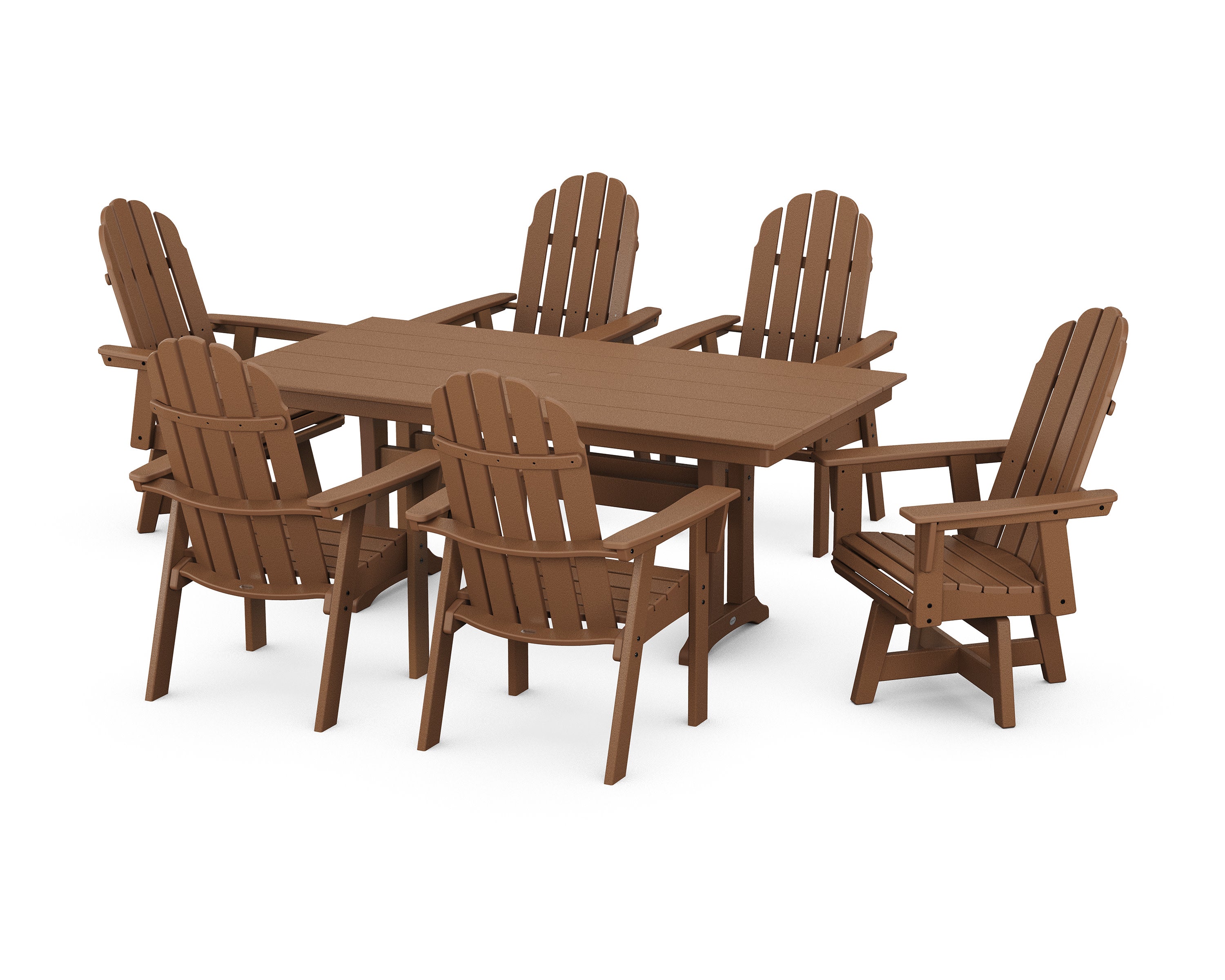 Vineyard Curveback Adirondack Swivel Chair 7-Piece Farmhouse Dining Set with Trestle Legs in Teak