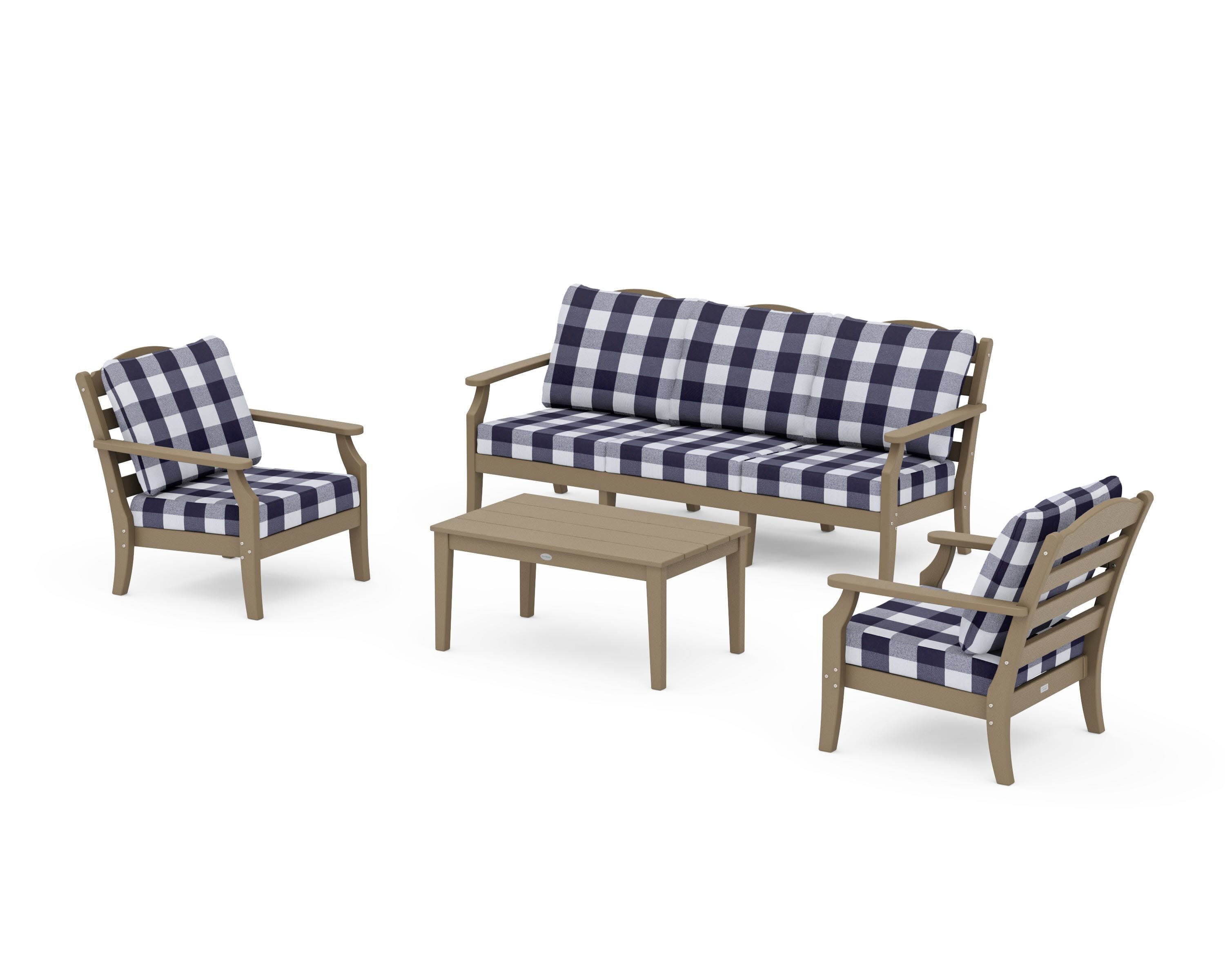 Savannah 4-Piece Deep Seating Set with Sofa in Vintage Sahara / Buffalo Plaid Navy