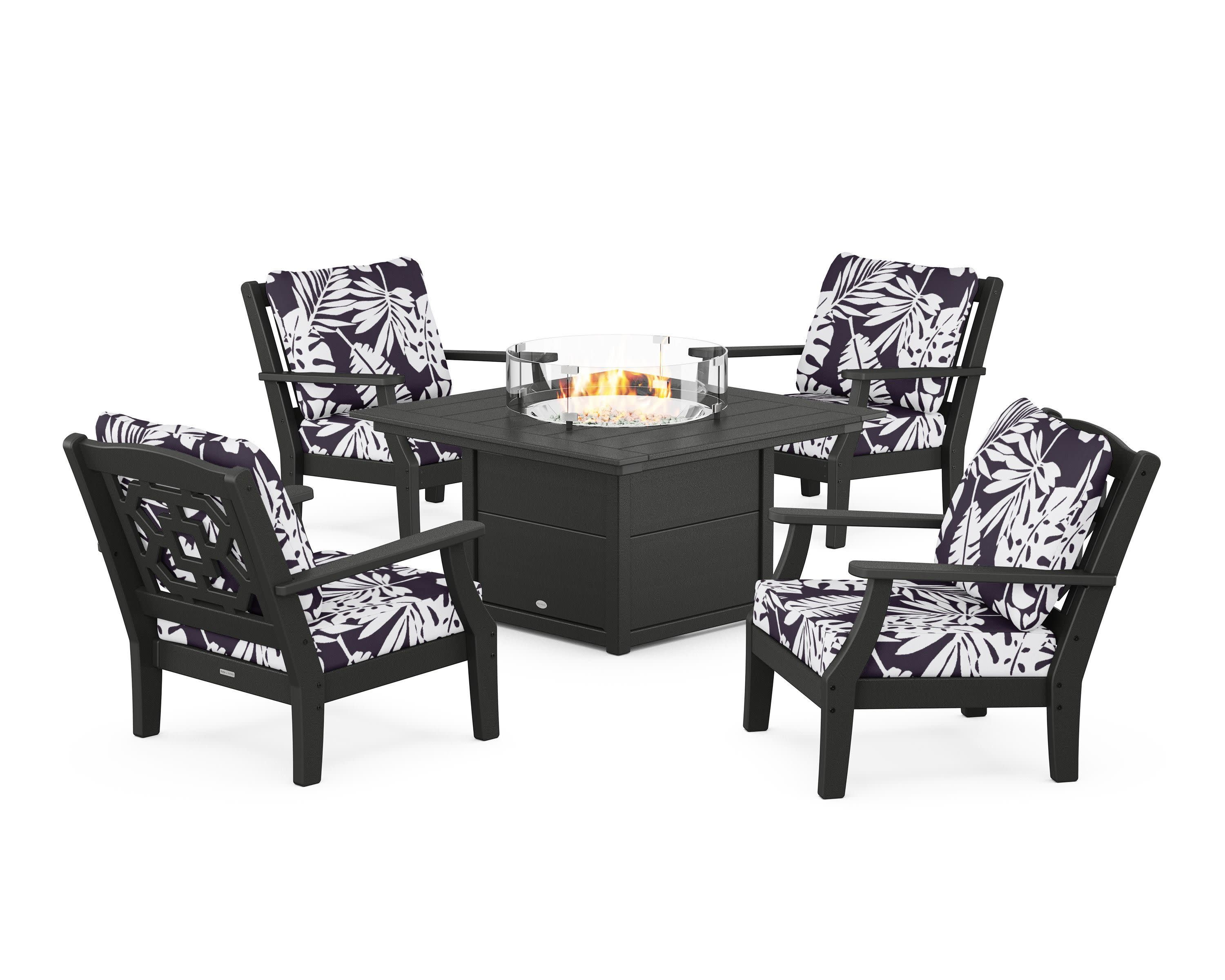 Chinoiserie 5-Piece Deep Seating Set with Fire Pit Table in Black / Leaf Navy