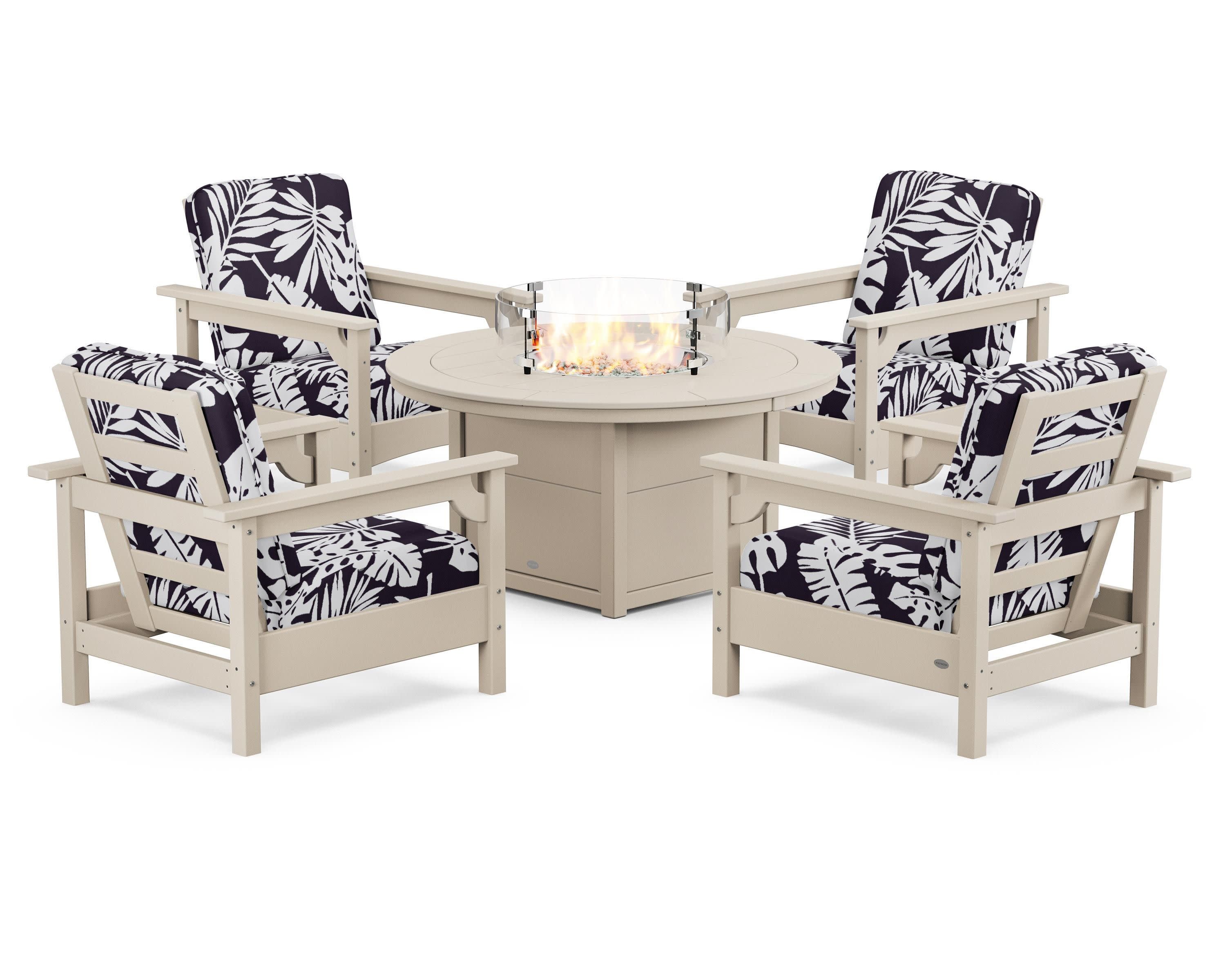 Club 5-Piece Conversation Set with Fire Pit Table in Sand / Leaf Navy