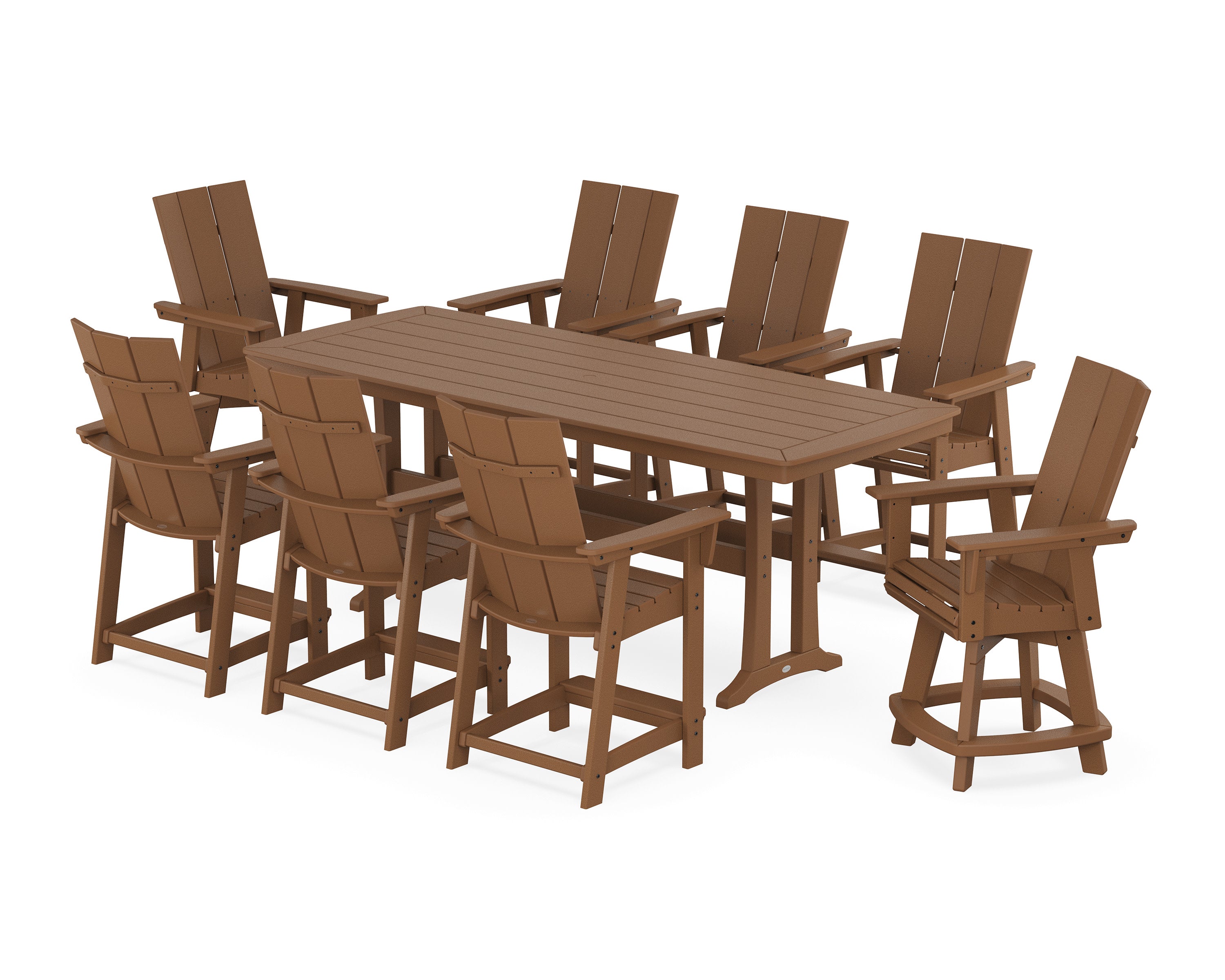 Modern Curveback Adirondack Swivel 9-Piece Counter Set with Trestle Legs in Teak